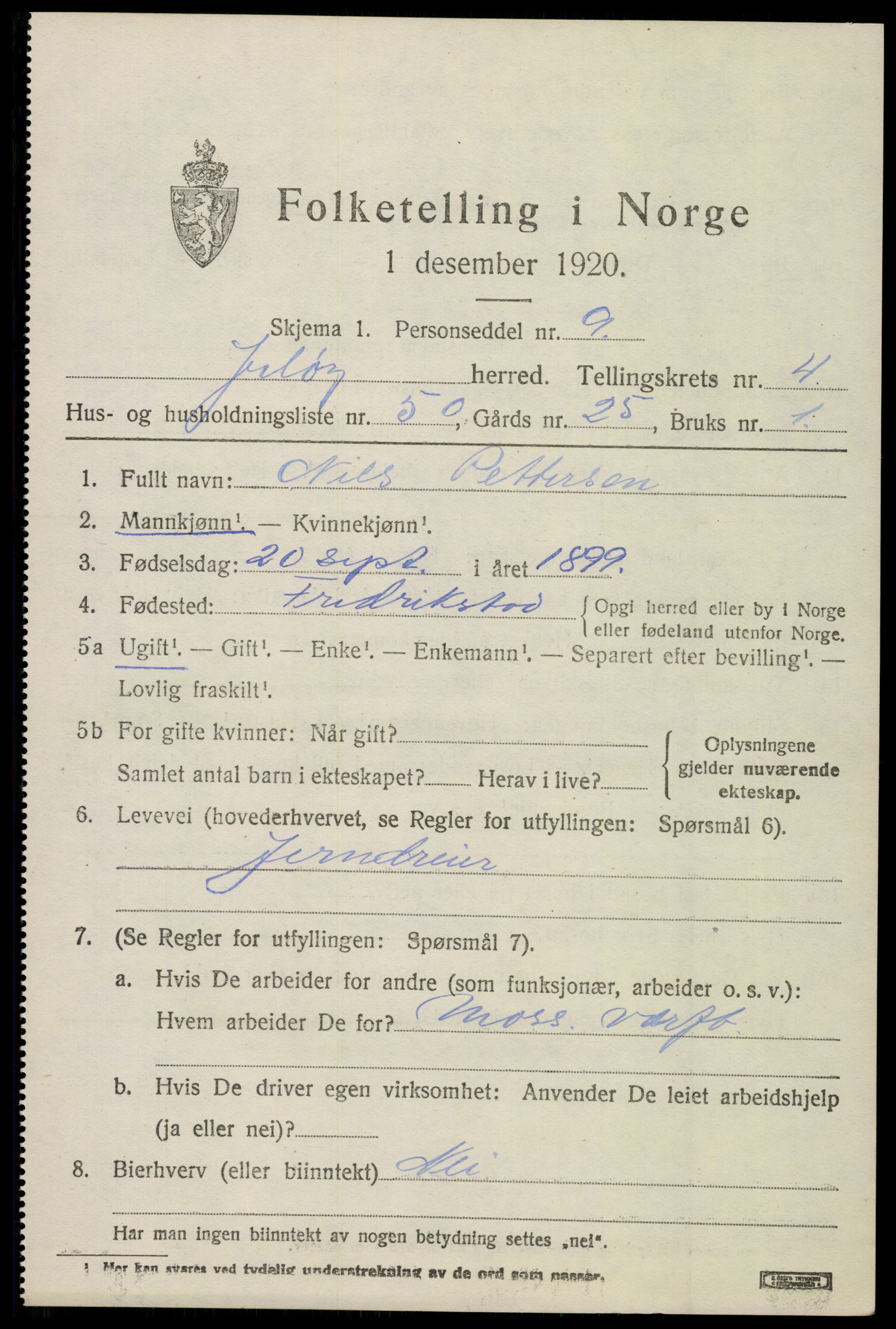 SAO, 1920 census for Moss land district, 1920, p. 5757