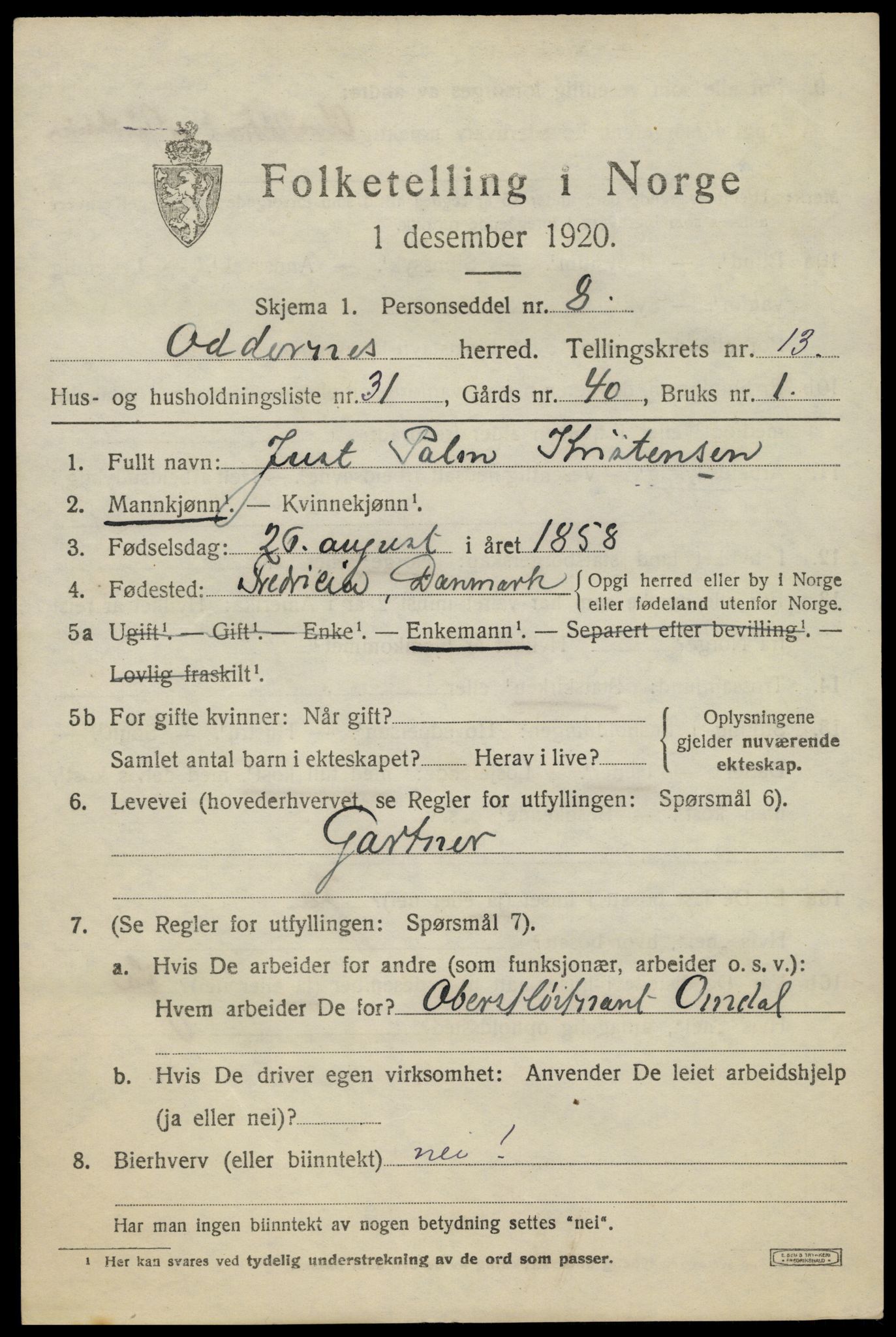 SAK, 1920 census for Oddernes, 1920, p. 8397