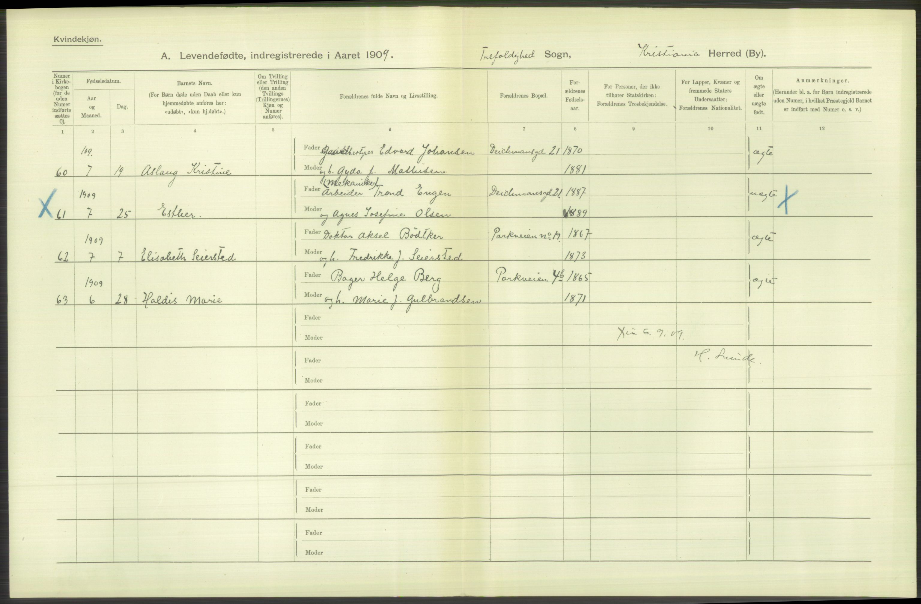 Statistisk sentralbyrå, Sosiodemografiske emner, Befolkning, AV/RA-S-2228/D/Df/Dfa/Dfag/L0007: Kristiania: Levendefødte menn og kvinner., 1909, p. 756