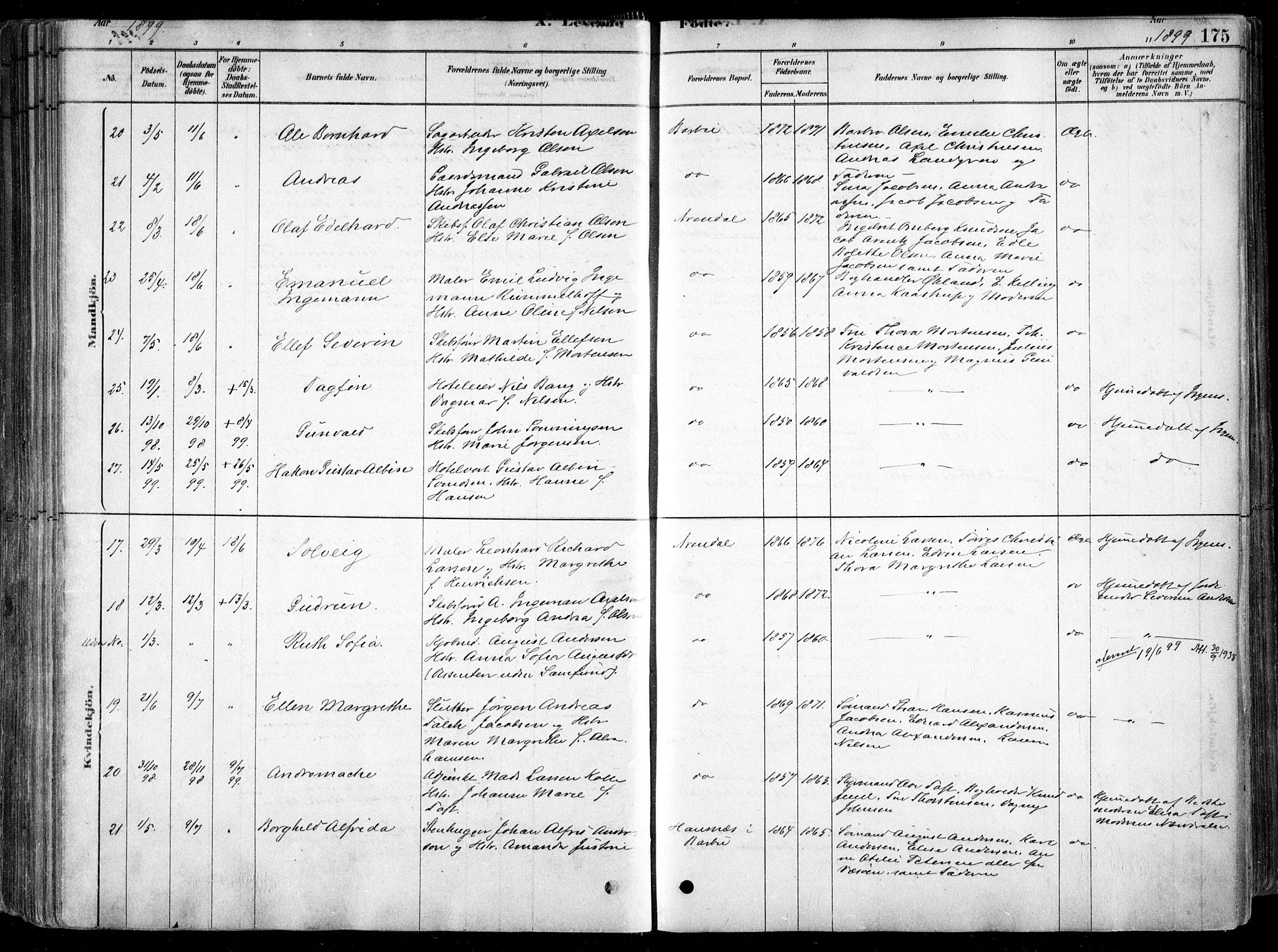 Arendal sokneprestkontor, Trefoldighet, AV/SAK-1111-0040/F/Fa/L0008: Parish register (official) no. A 8, 1878-1899, p. 175