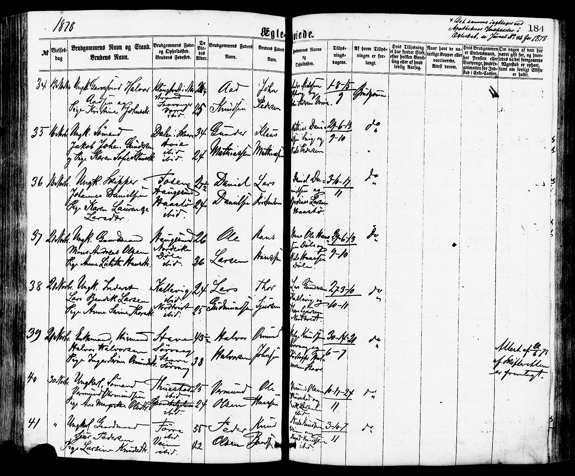 Avaldsnes sokneprestkontor, AV/SAST-A -101851/H/Ha/Haa/L0012: Parish register (official) no. A 12, 1865-1880, p. 184