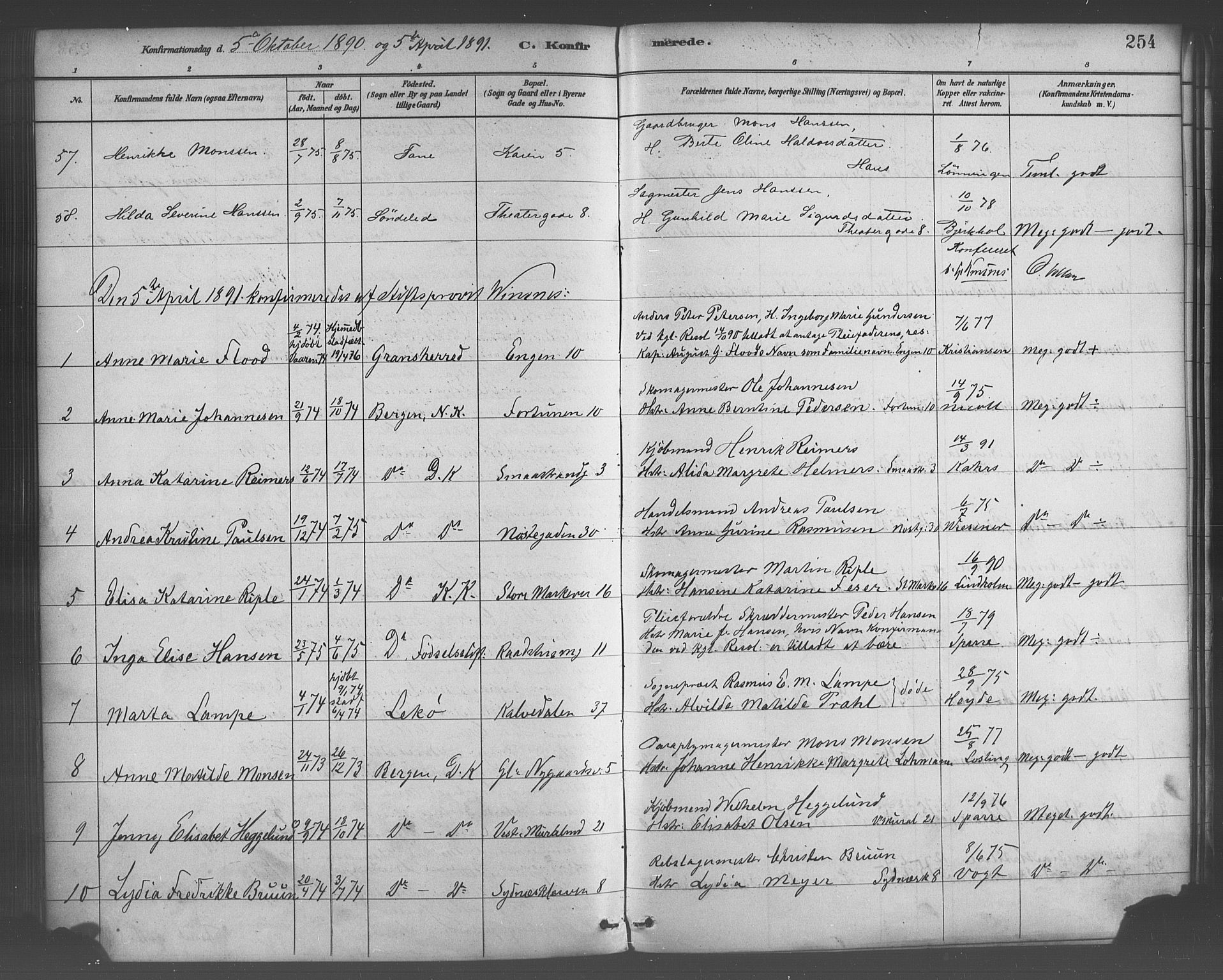 Domkirken sokneprestembete, SAB/A-74801/H/Haa/L0030: Parish register (official) no. C 5, 1880-1898, p. 254