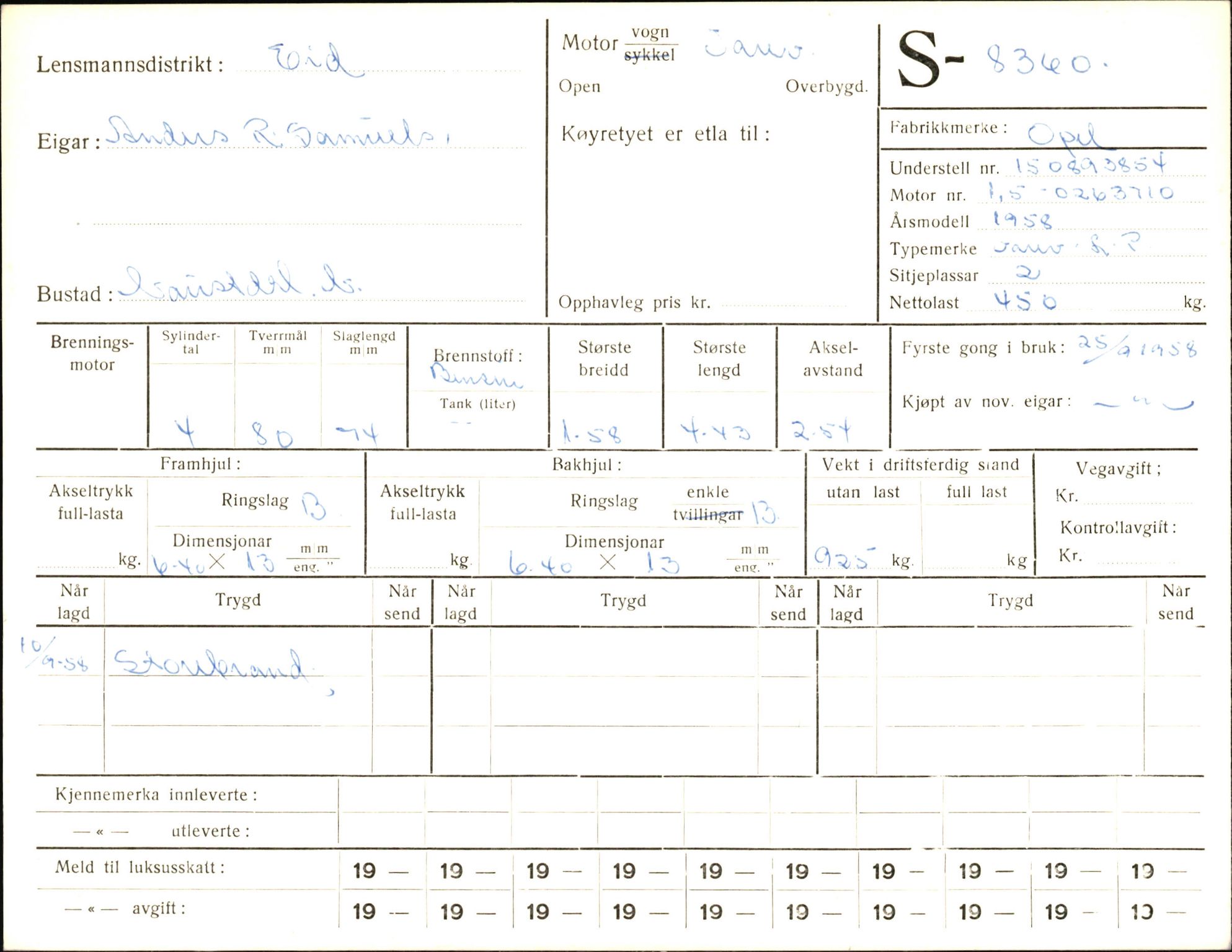 Statens vegvesen, Sogn og Fjordane vegkontor, AV/SAB-A-5301/4/F/L0006: Registerkort utmeldte Fjordane S8300-9500, 1930-1961, p. 88