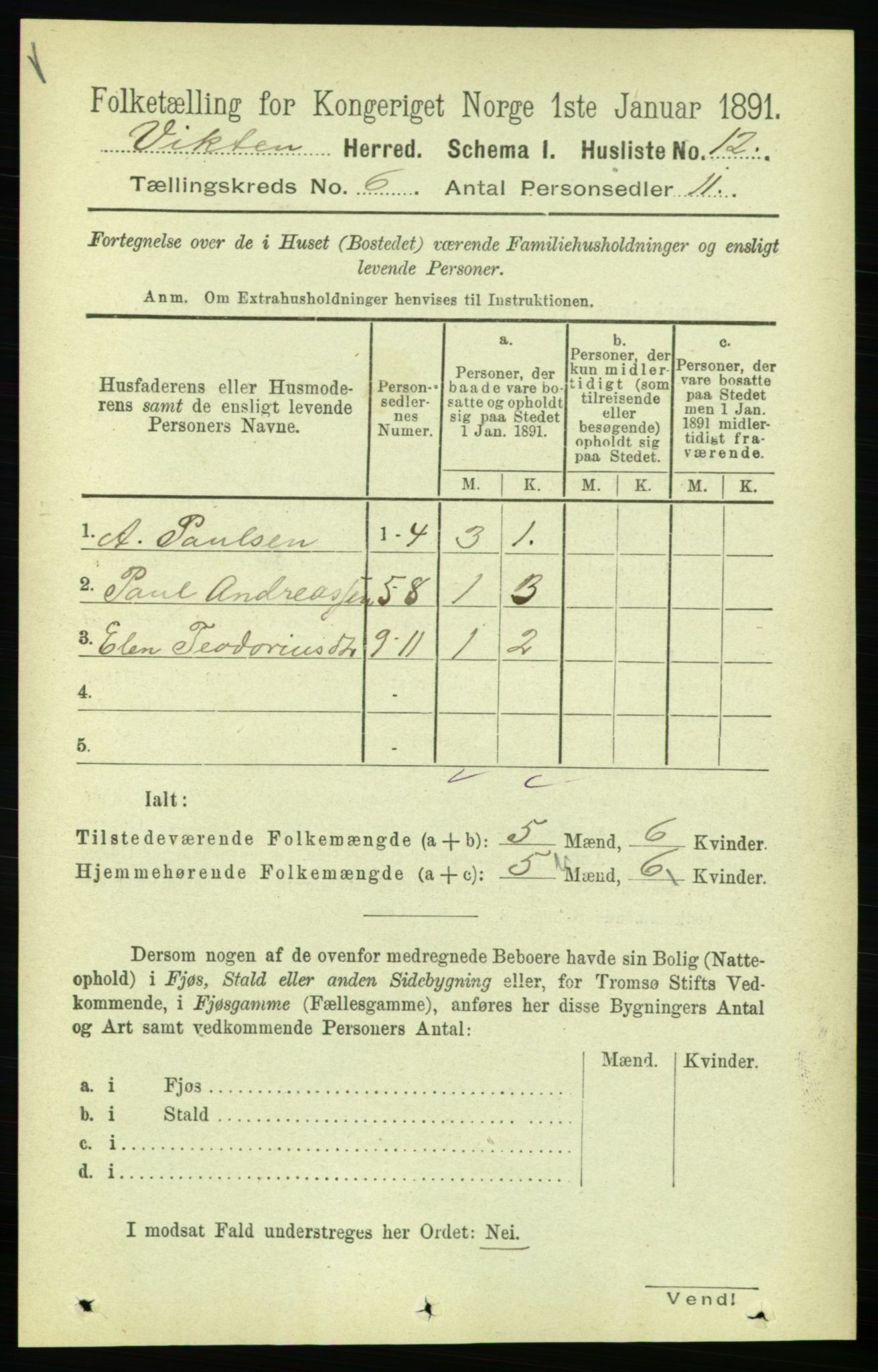 RA, 1891 census for 1750 Vikna, 1891, p. 3160