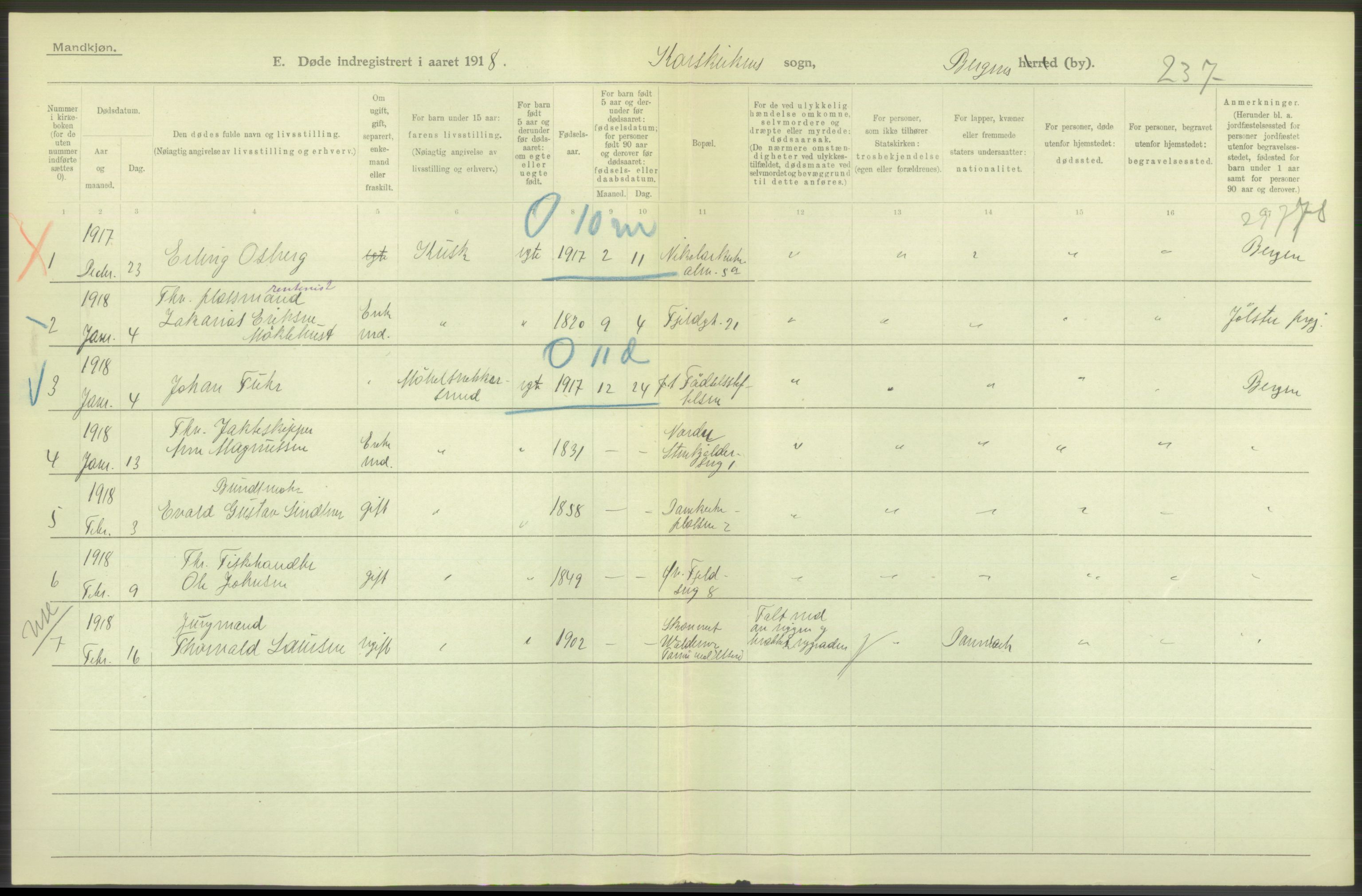 Statistisk sentralbyrå, Sosiodemografiske emner, Befolkning, RA/S-2228/D/Df/Dfb/Dfbh/L0039: Bergen: Døde., 1918, p. 24