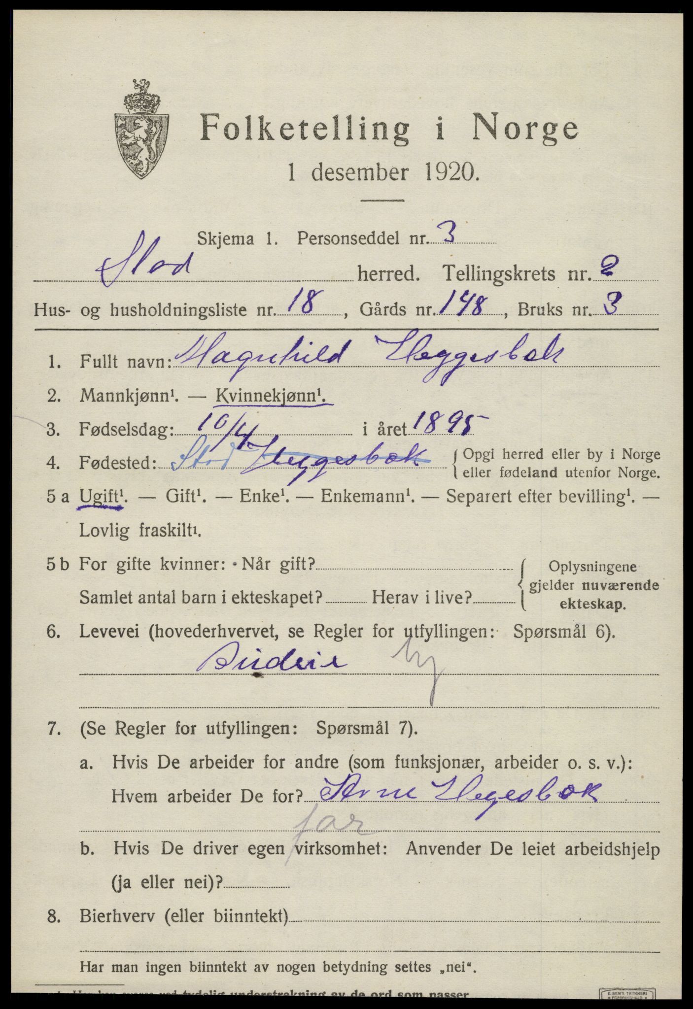 SAT, 1920 census for Stod, 1920, p. 1452