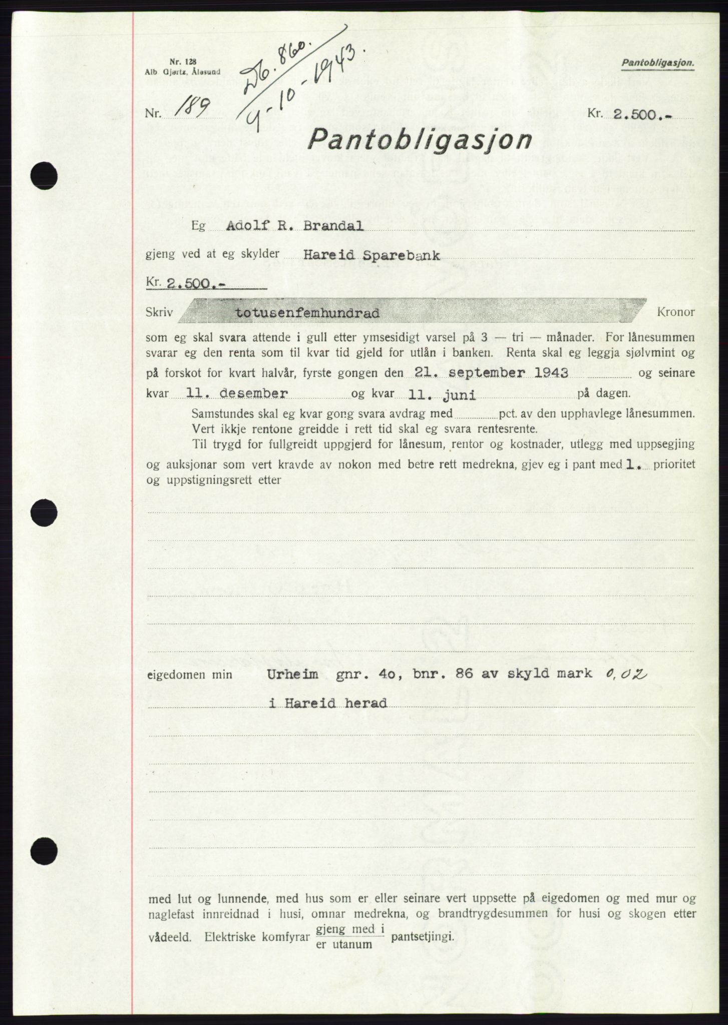 Søre Sunnmøre sorenskriveri, AV/SAT-A-4122/1/2/2C/L0114: Mortgage book no. 1-2B, 1943-1947, Diary no: : 860/1943