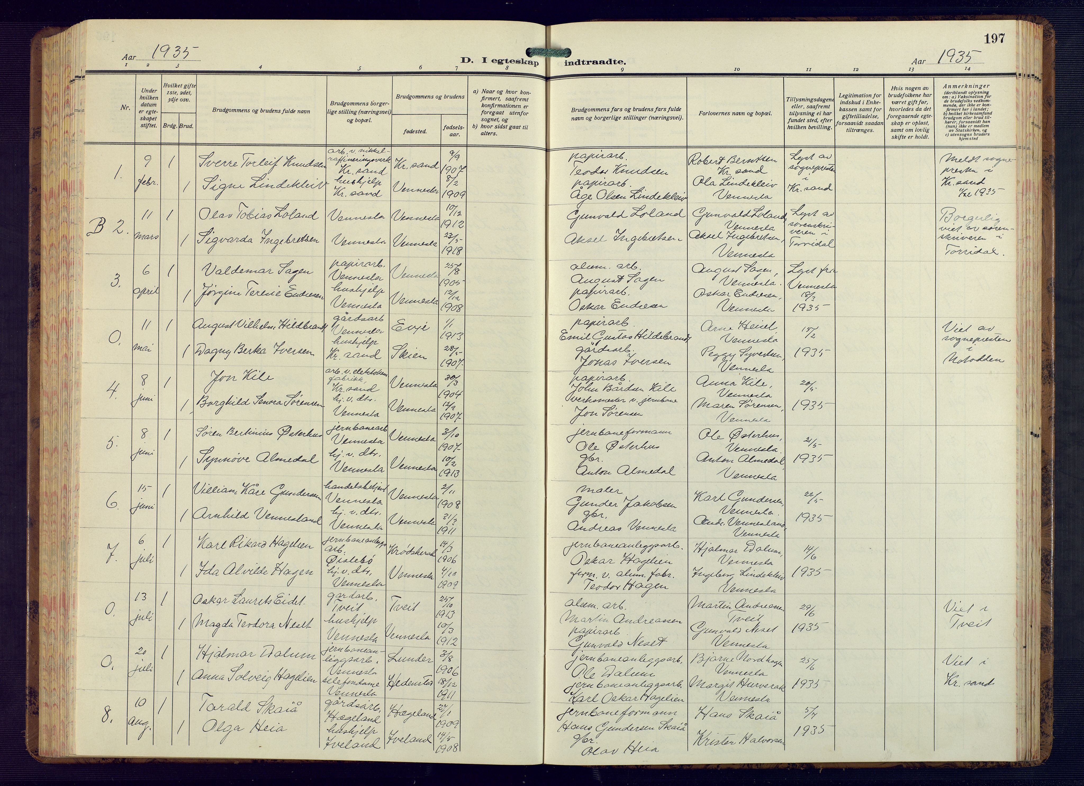 Vennesla sokneprestkontor, AV/SAK-1111-0045/Fb/Fbb/L0008: Parish register (copy) no. B 8, 1934-1947, p. 197