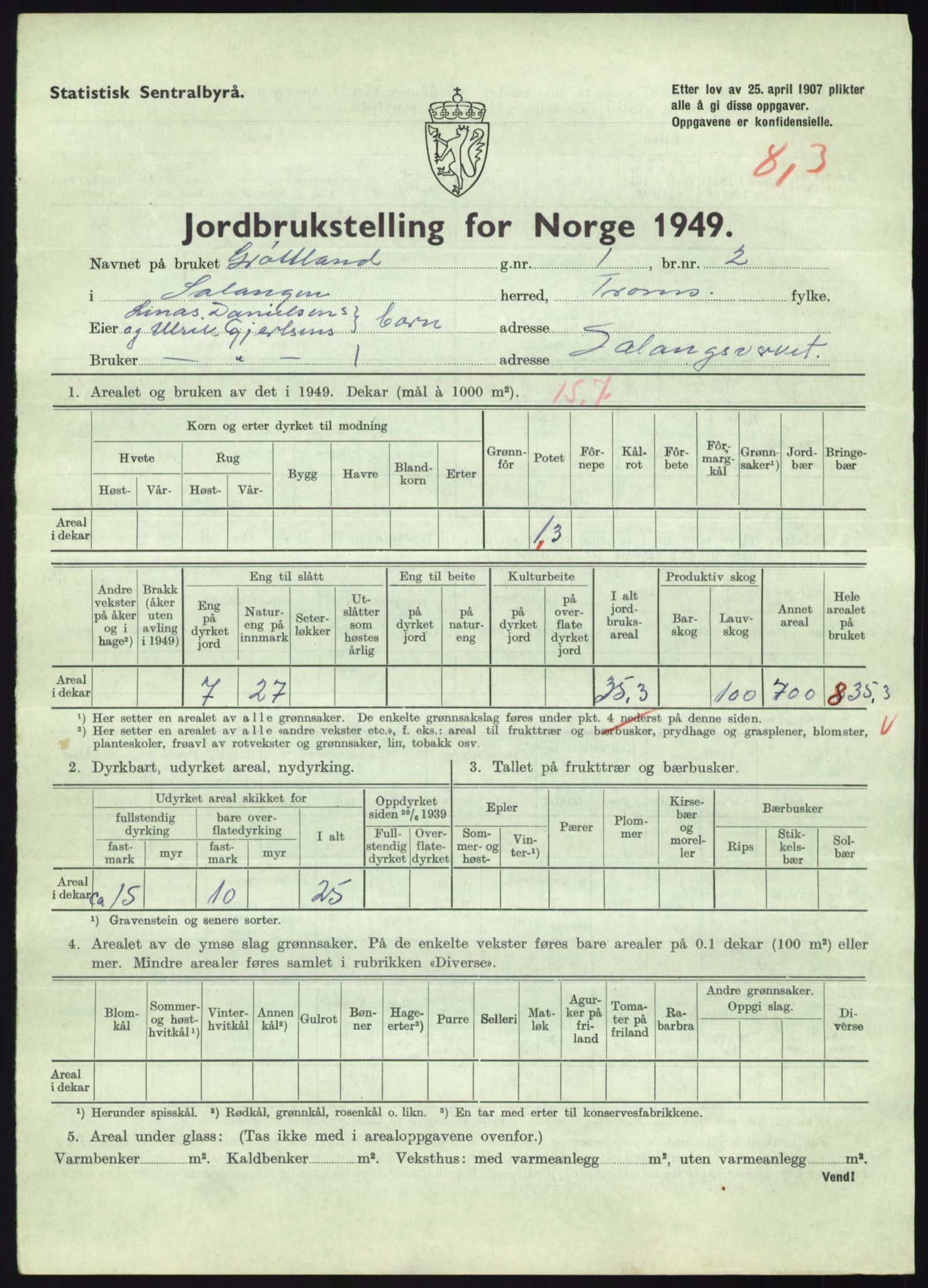 Statistisk sentralbyrå, Næringsøkonomiske emner, Jordbruk, skogbruk, jakt, fiske og fangst, AV/RA-S-2234/G/Gc/L0438: Troms: Salangen og Bardu, 1949, p. 611