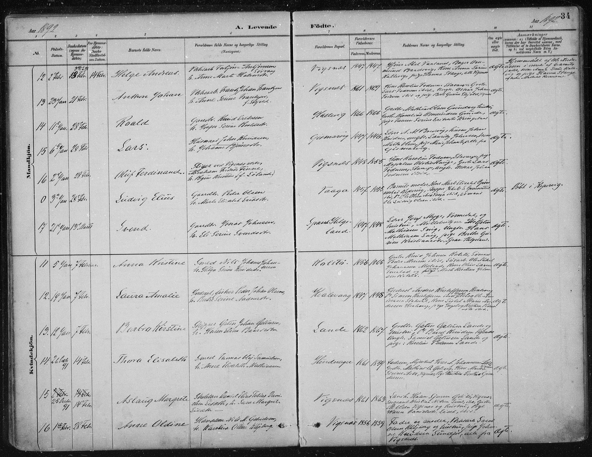 Avaldsnes sokneprestkontor, AV/SAST-A -101851/H/Ha/Haa/L0017: Parish register (official) no. A 17, 1889-1920, p. 34