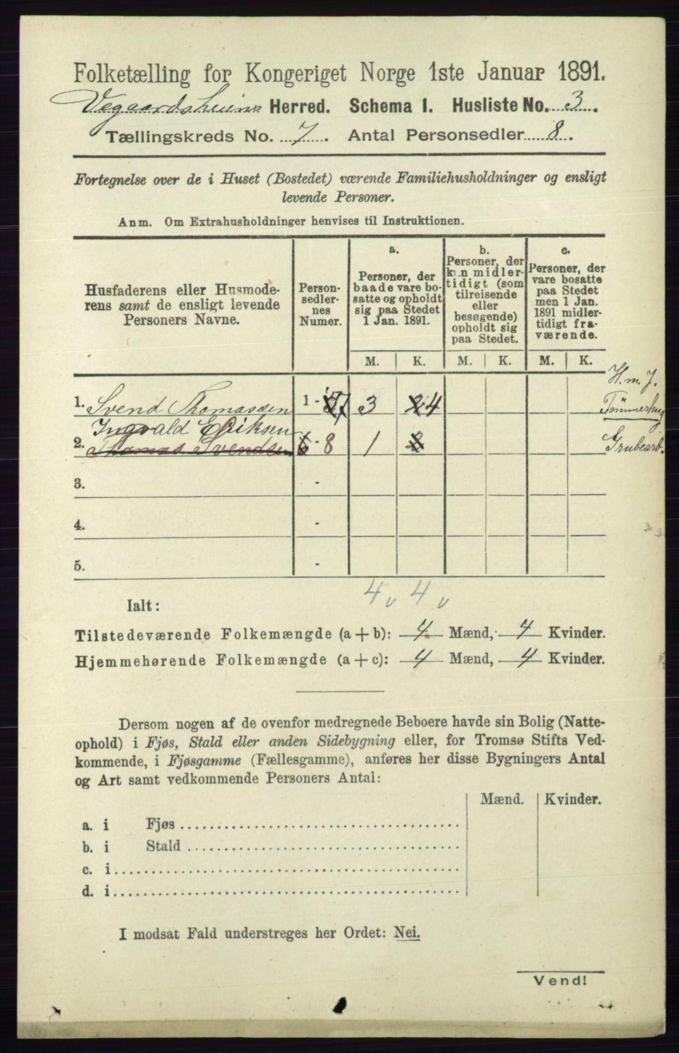 RA, 1891 census for 0912 Vegårshei, 1891, p. 1313