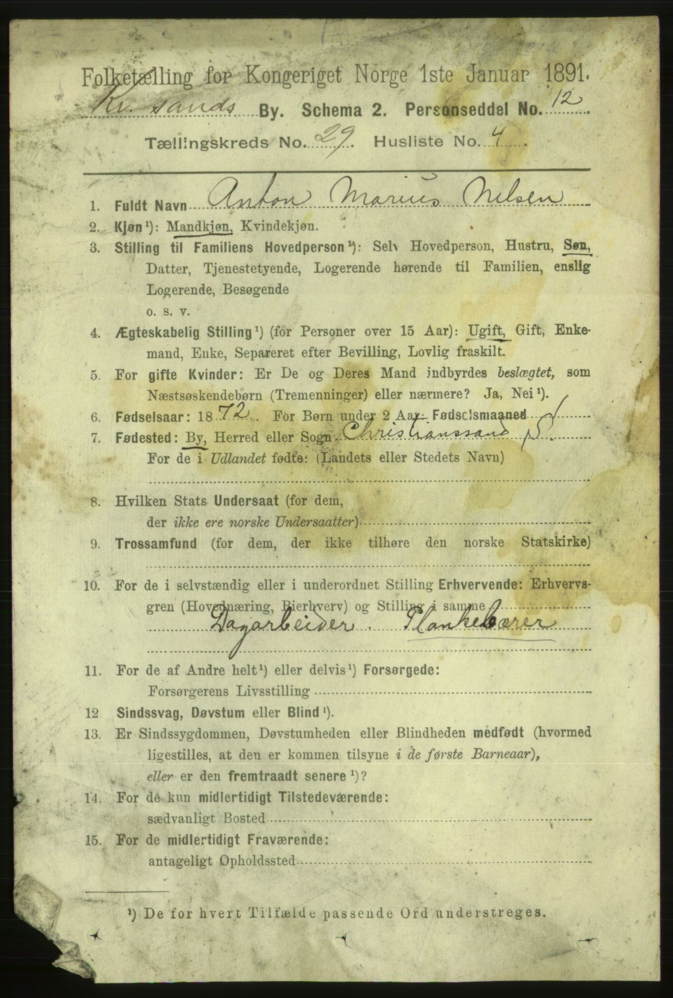 RA, 1891 census for 1001 Kristiansand, 1891, p. 9617