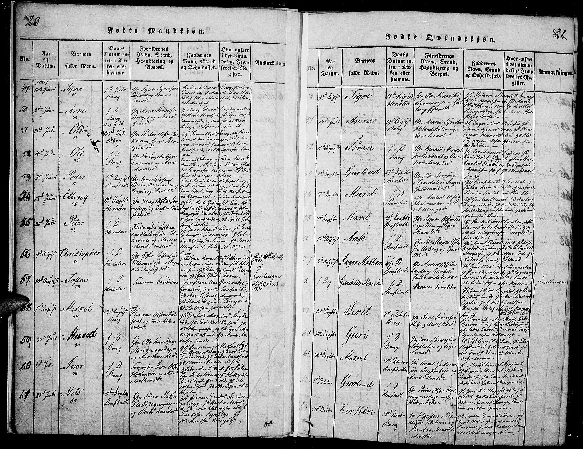 Sør-Aurdal prestekontor, SAH/PREST-128/H/Ha/Haa/L0003: Parish register (official) no. 3, 1825-1840, p. 20-21