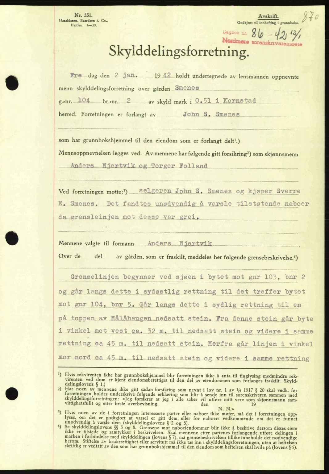 Nordmøre sorenskriveri, AV/SAT-A-4132/1/2/2Ca: Mortgage book no. A91, 1941-1942, Diary no: : 86/1942