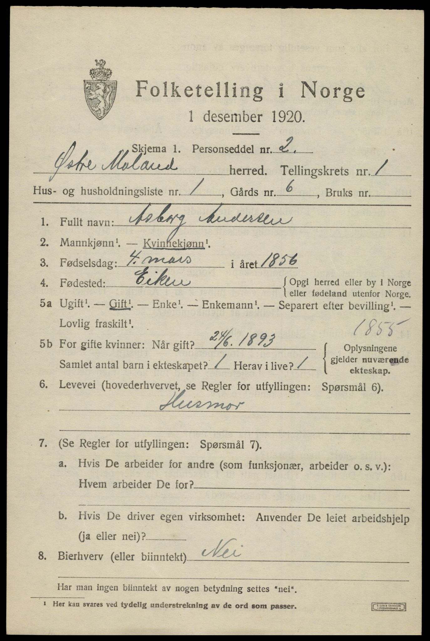 SAK, 1920 census for Austre Moland, 1920, p. 549