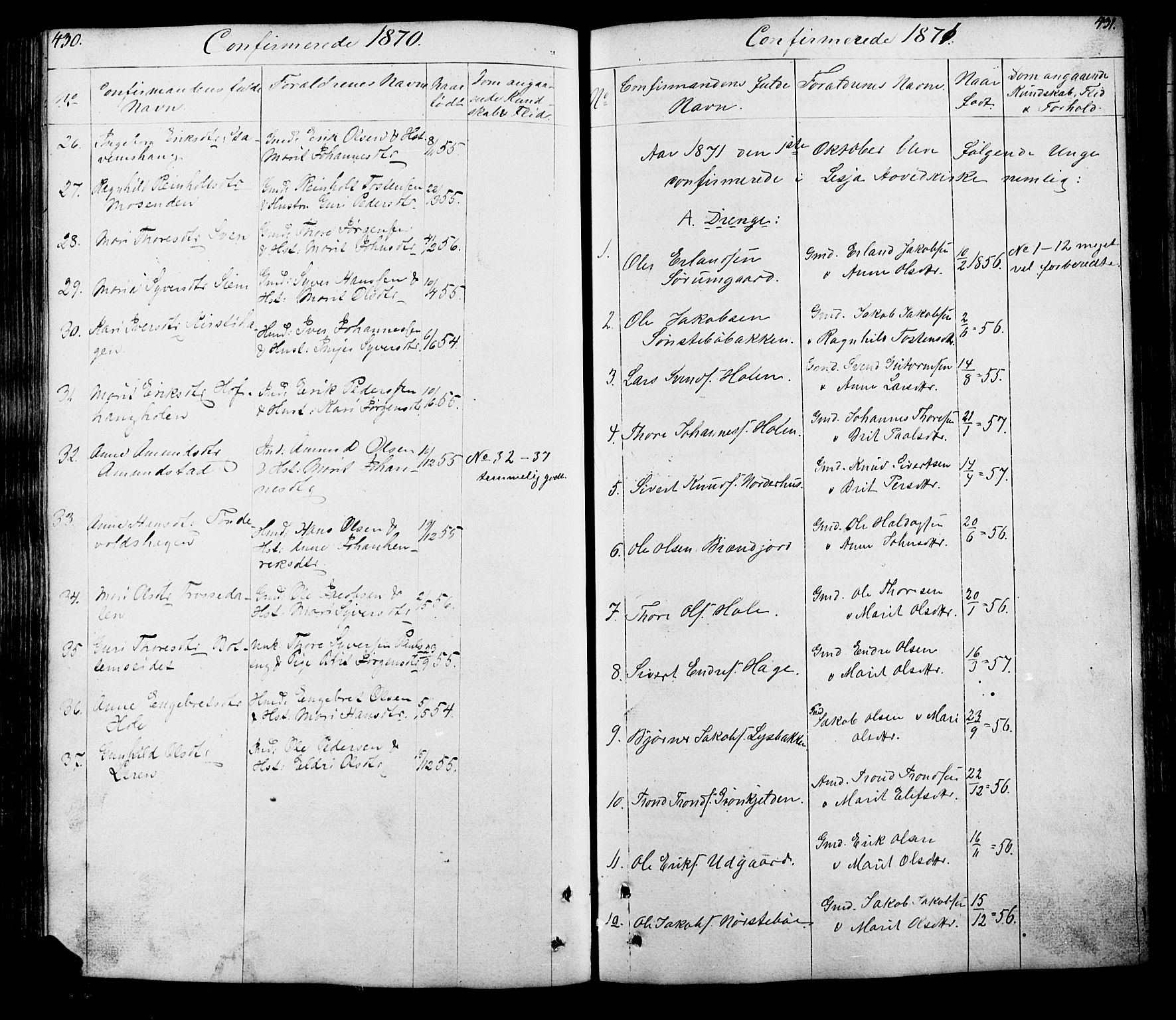 Lesja prestekontor, SAH/PREST-068/H/Ha/Hab/L0005: Parish register (copy) no. 5, 1850-1894, p. 430-431