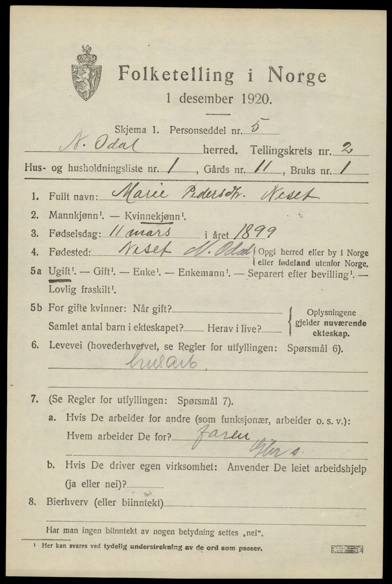 SAH, 1920 census for Nord-Odal, 1920, p. 2393