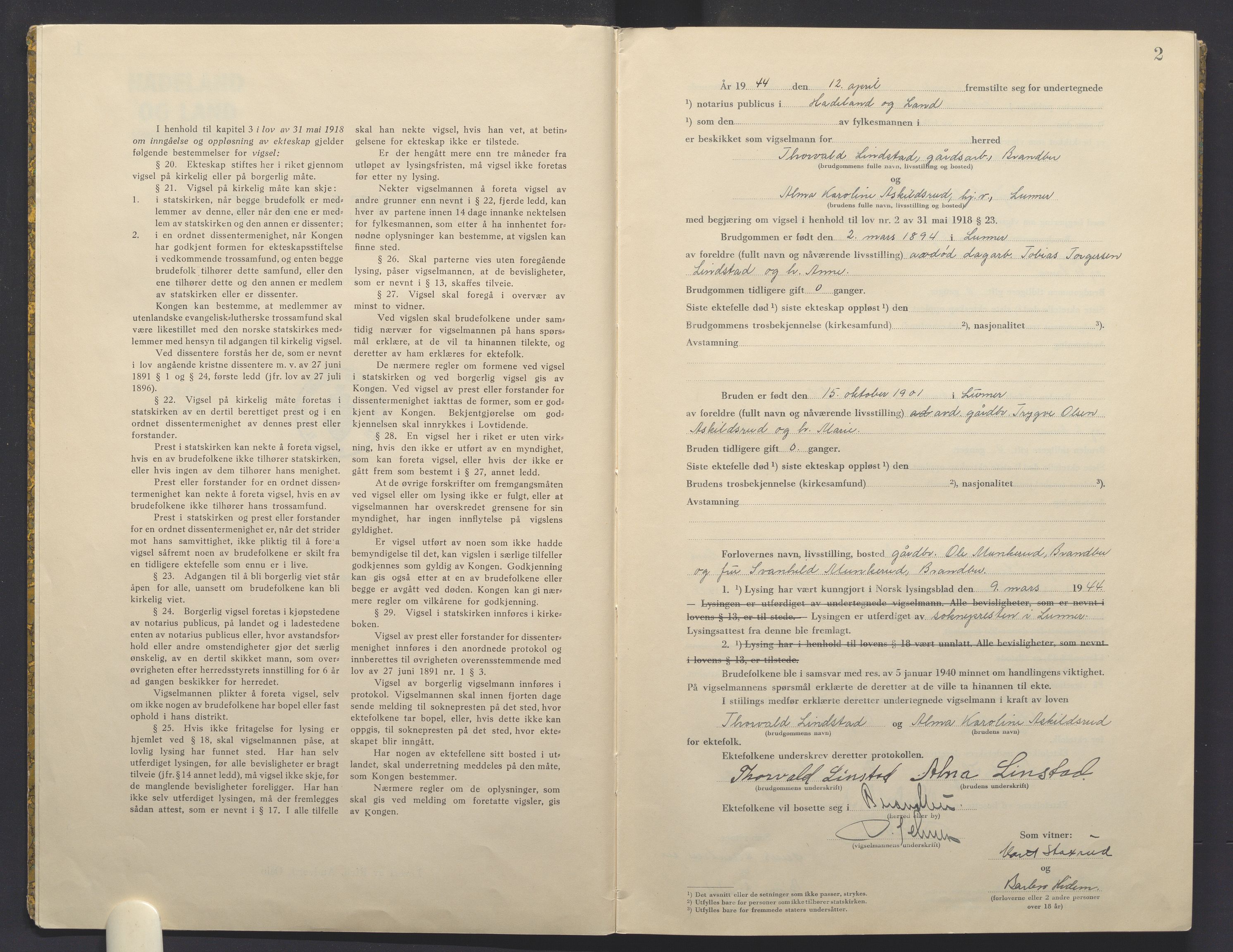 Hadeland og Land tingrett, AV/SAH-TING-010/L/Lb/L0003: Vigselbok, 1944-1946, p. 2