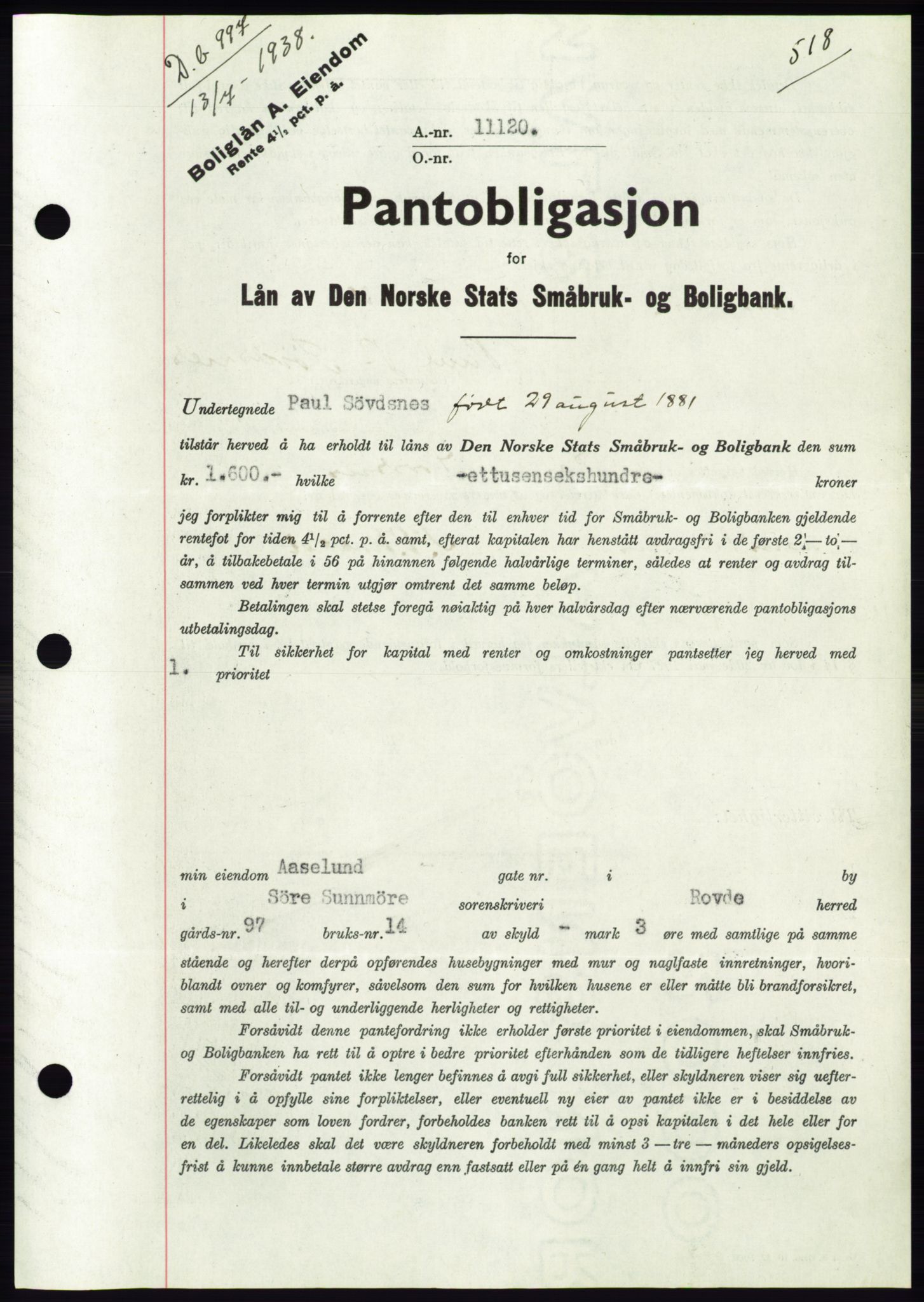 Søre Sunnmøre sorenskriveri, AV/SAT-A-4122/1/2/2C/L0065: Mortgage book no. 59, 1938-1938, Diary no: : 997/1938