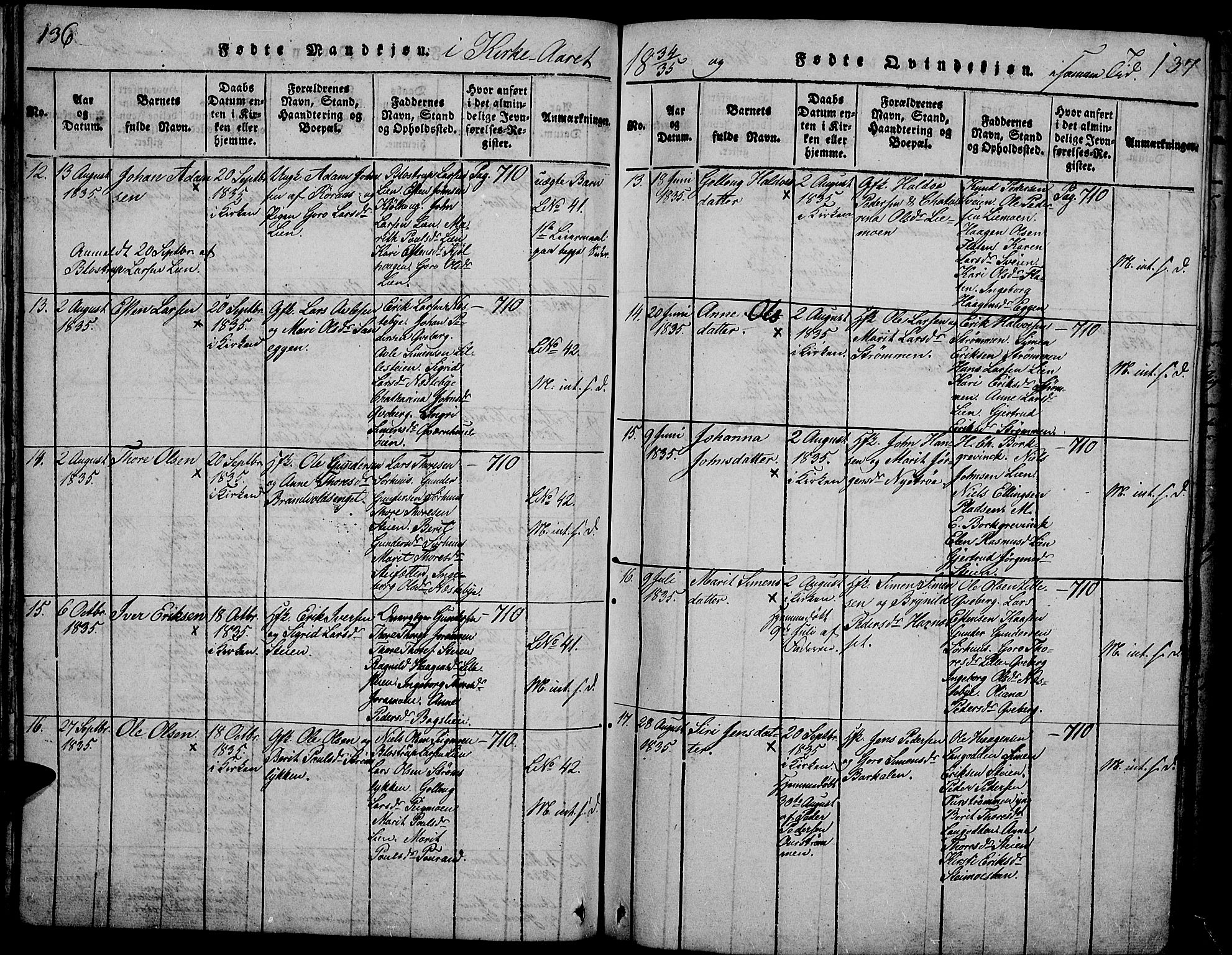 Tynset prestekontor, SAH/PREST-058/H/Ha/Hab/L0002: Parish register (copy) no. 2, 1814-1862, p. 136-137