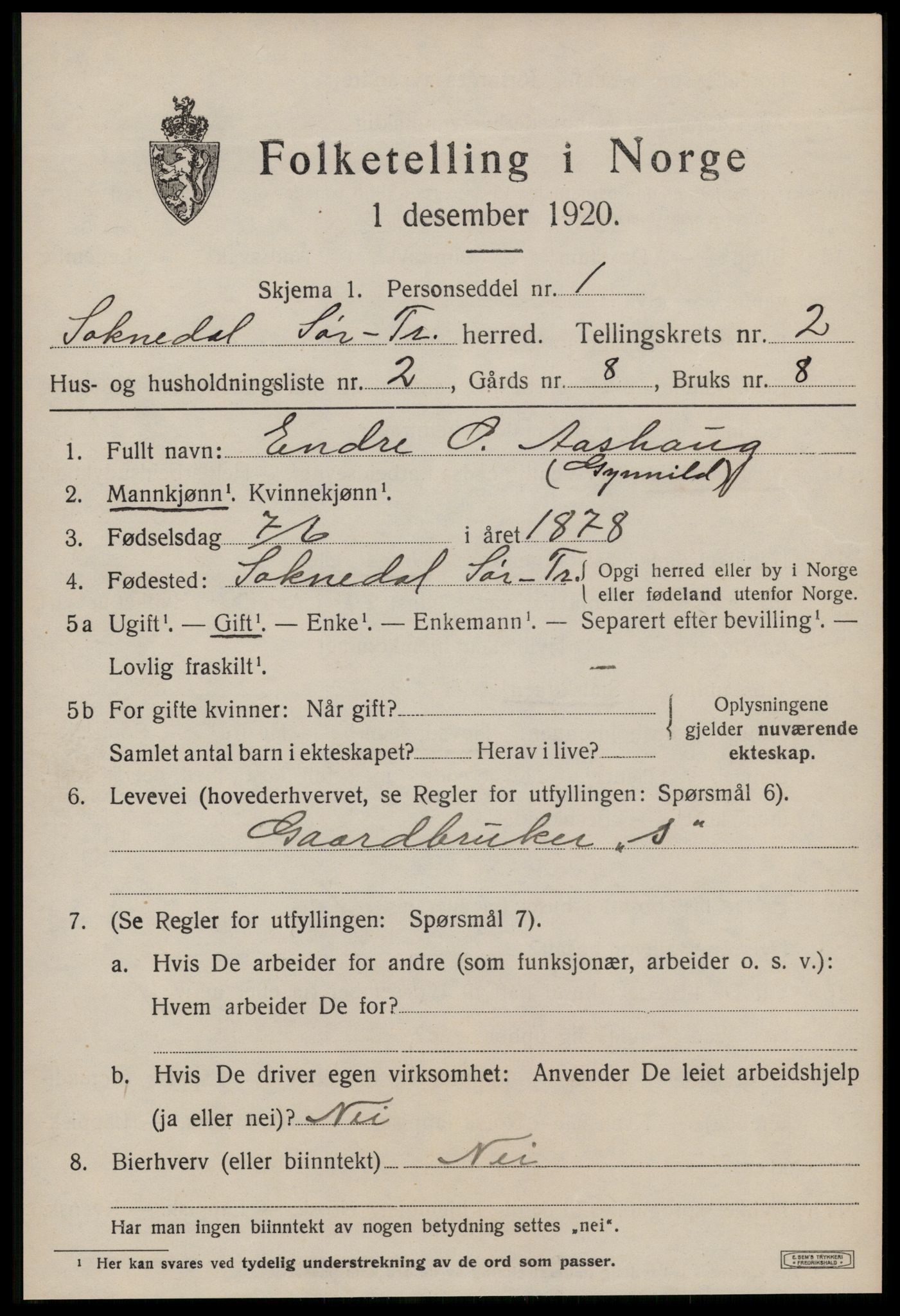 SAT, 1920 census for Soknedal, 1920, p. 1230