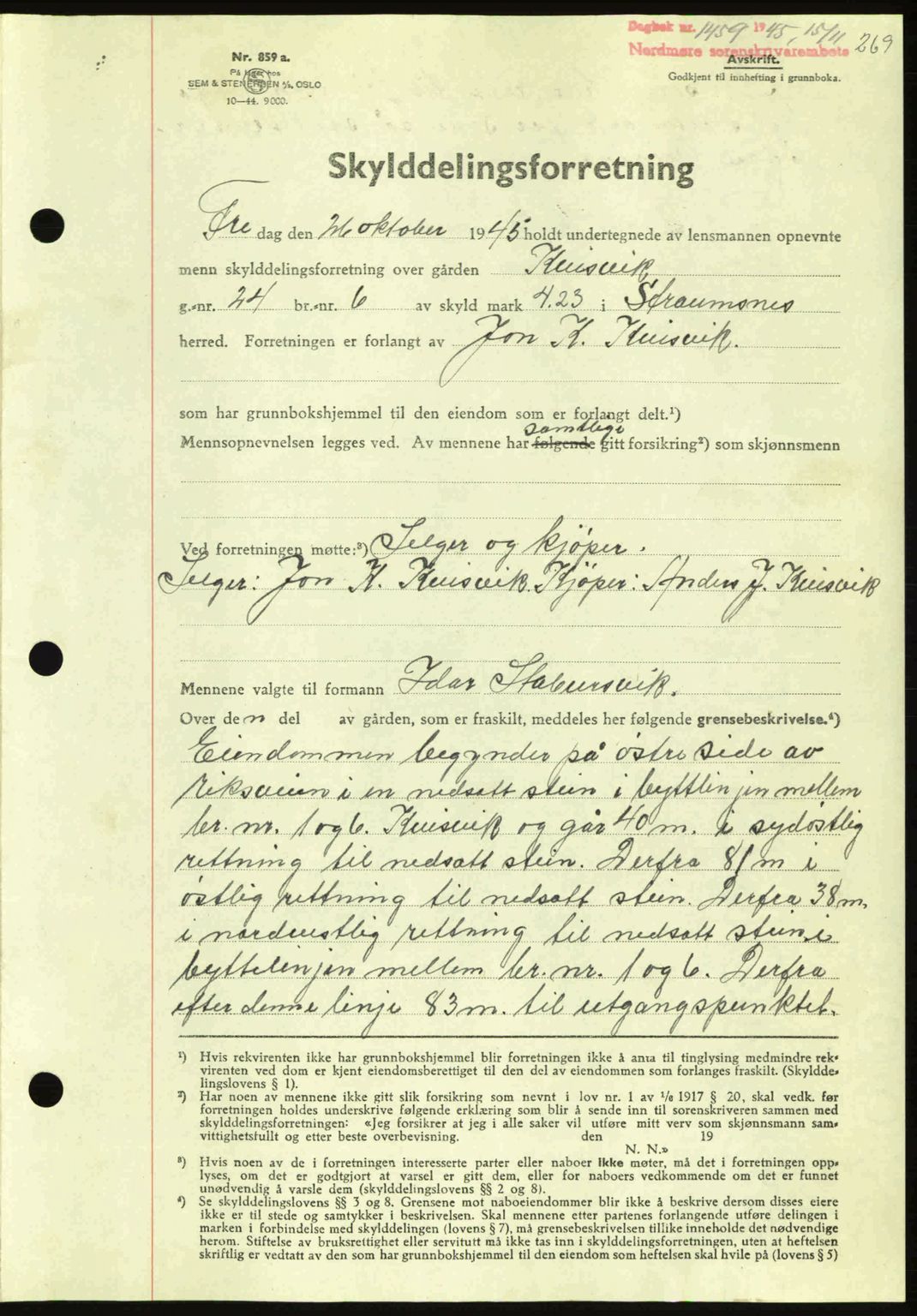 Nordmøre sorenskriveri, AV/SAT-A-4132/1/2/2Ca: Mortgage book no. A100a, 1945-1945, Diary no: : 1459/1945