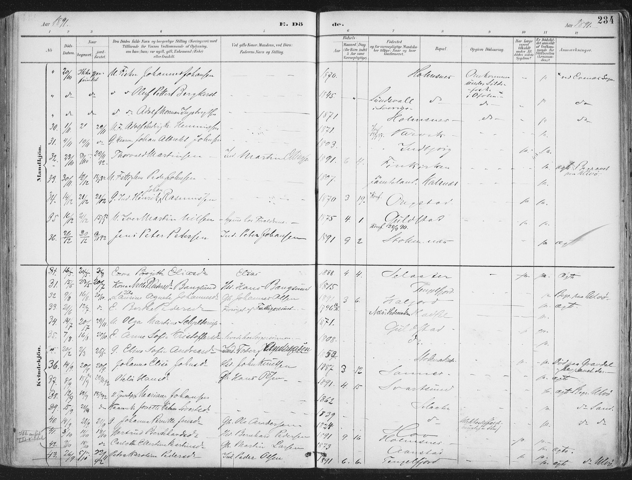 Ministerialprotokoller, klokkerbøker og fødselsregistre - Nordland, SAT/A-1459/888/L1246: Parish register (official) no. 888A12, 1891-1903, p. 234