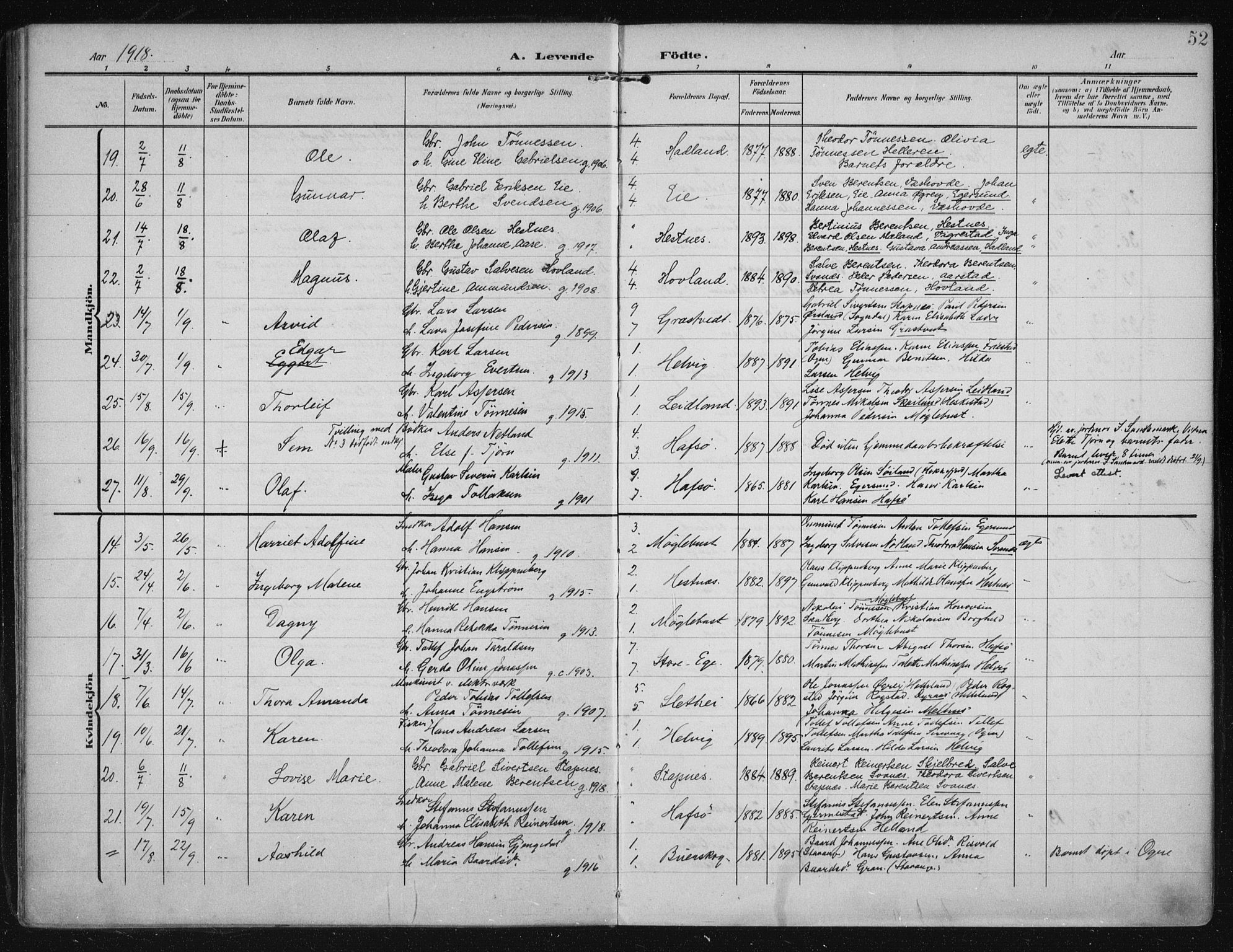 Eigersund sokneprestkontor, AV/SAST-A-101807/S08/L0021: Parish register (official) no. A 20, 1906-1928, p. 52