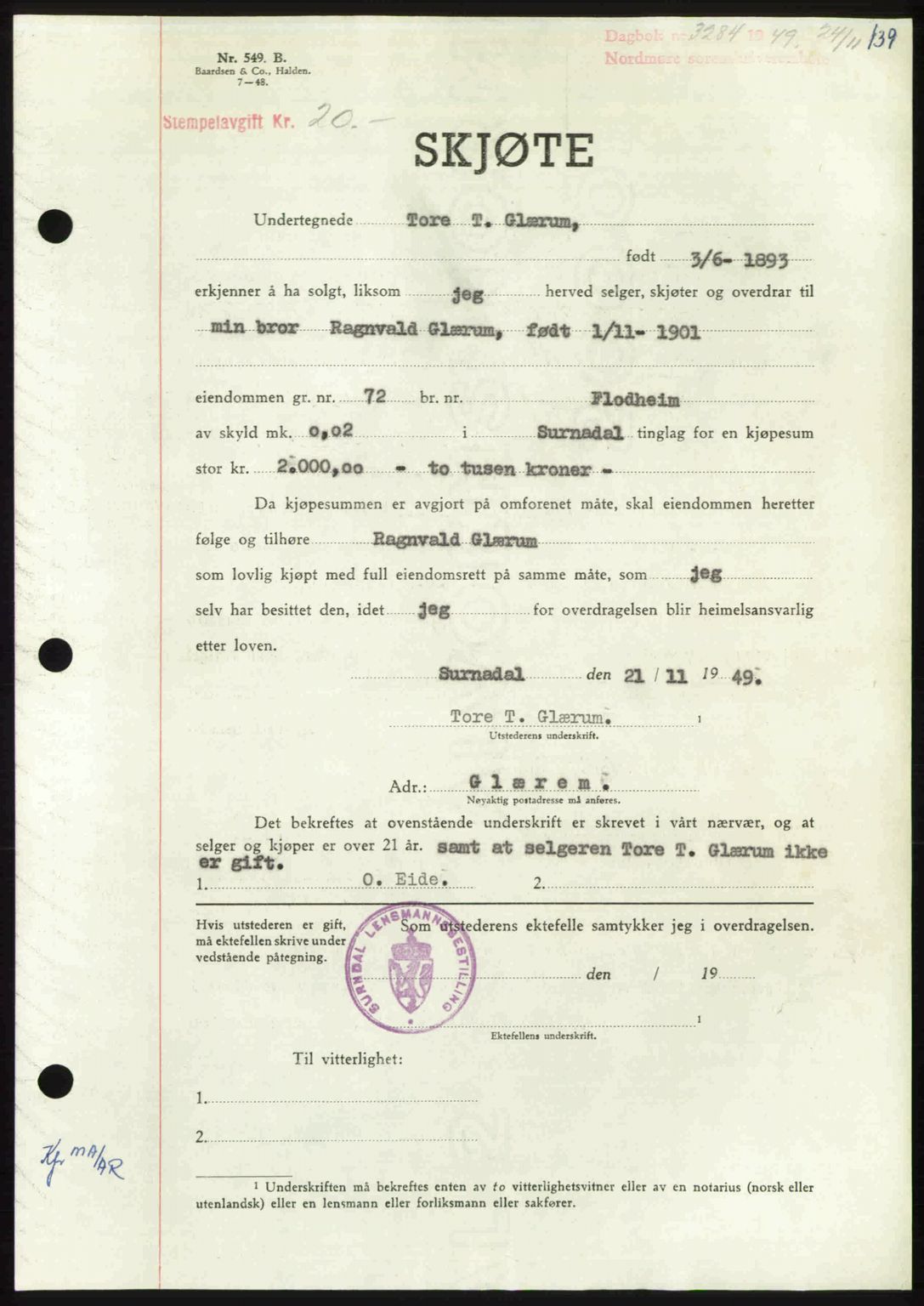 Nordmøre sorenskriveri, AV/SAT-A-4132/1/2/2Ca: Mortgage book no. A113, 1949-1950, Diary no: : 3284/1949