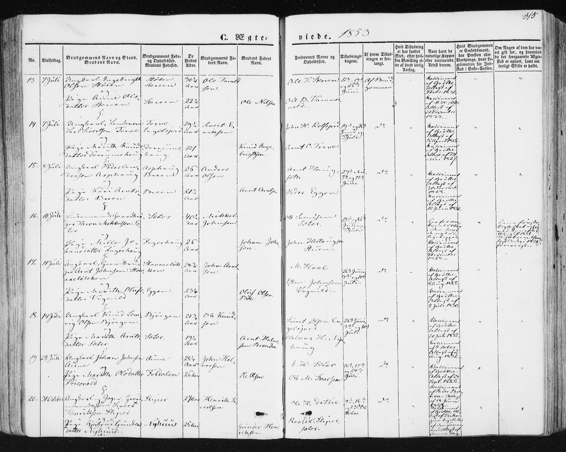 Ministerialprotokoller, klokkerbøker og fødselsregistre - Sør-Trøndelag, SAT/A-1456/678/L0899: Parish register (official) no. 678A08, 1848-1872, p. 315