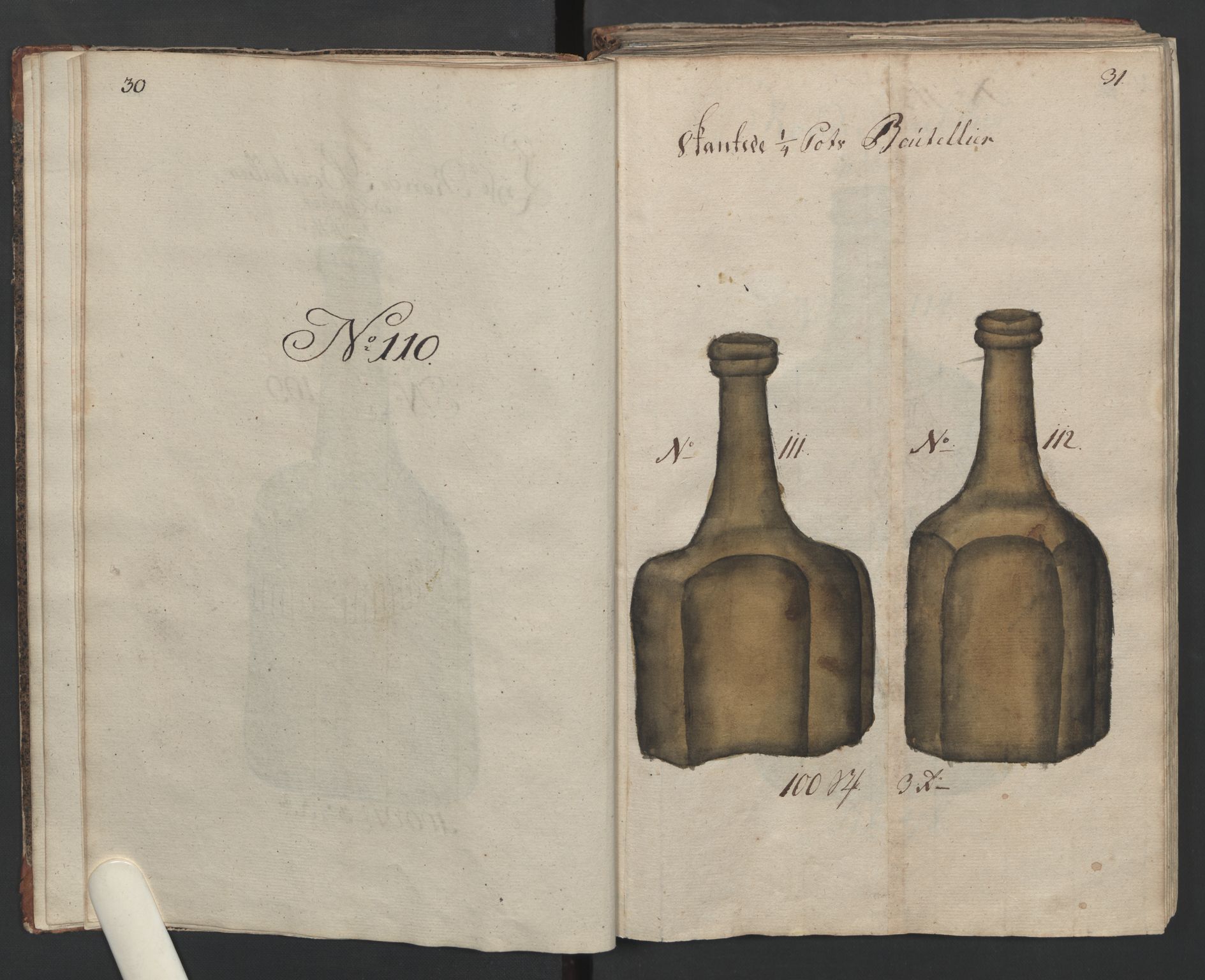 Glassverk, samlinger, AV/RA-PA-0001/F/Fa/L0036: Modellbok for Nøstetangens og Aas' produkter med prisangivelse,, 1763, p. 30-31