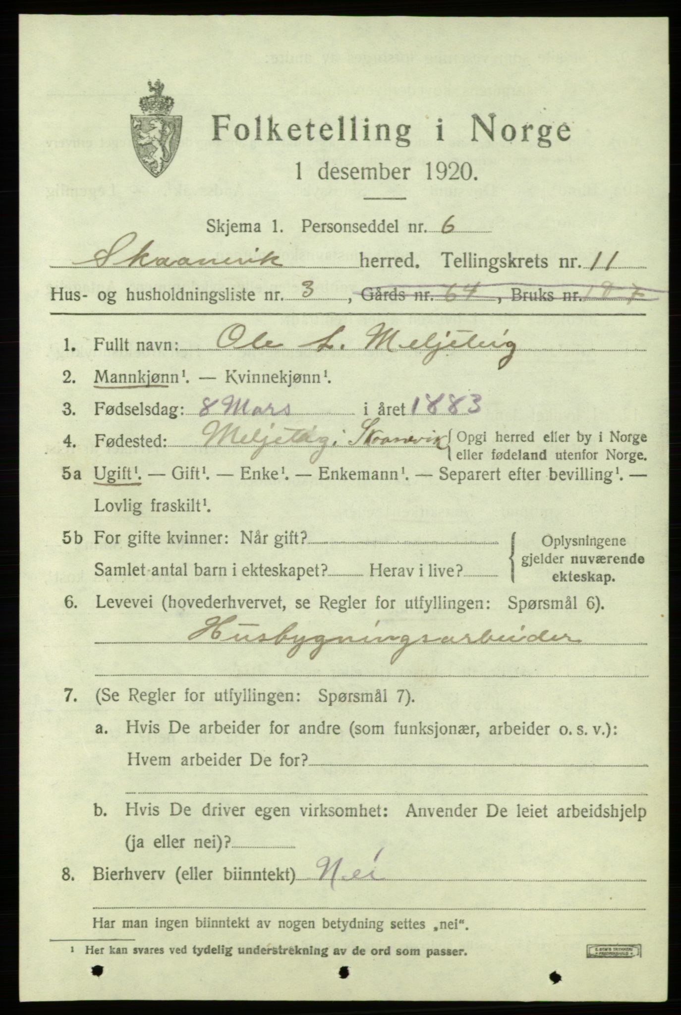 SAB, 1920 census for Skånevik, 1920, p. 5201
