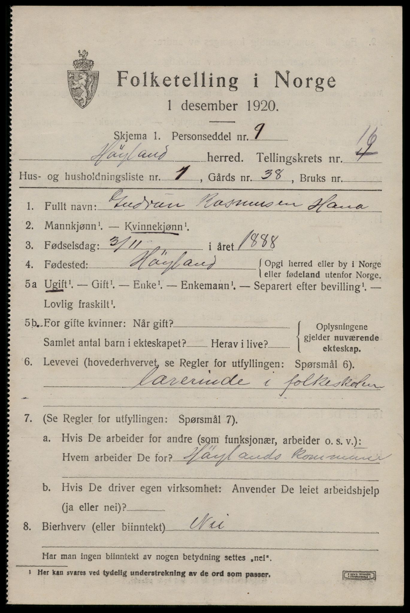 SAST, 1920 census for Høyland, 1920, p. 14112