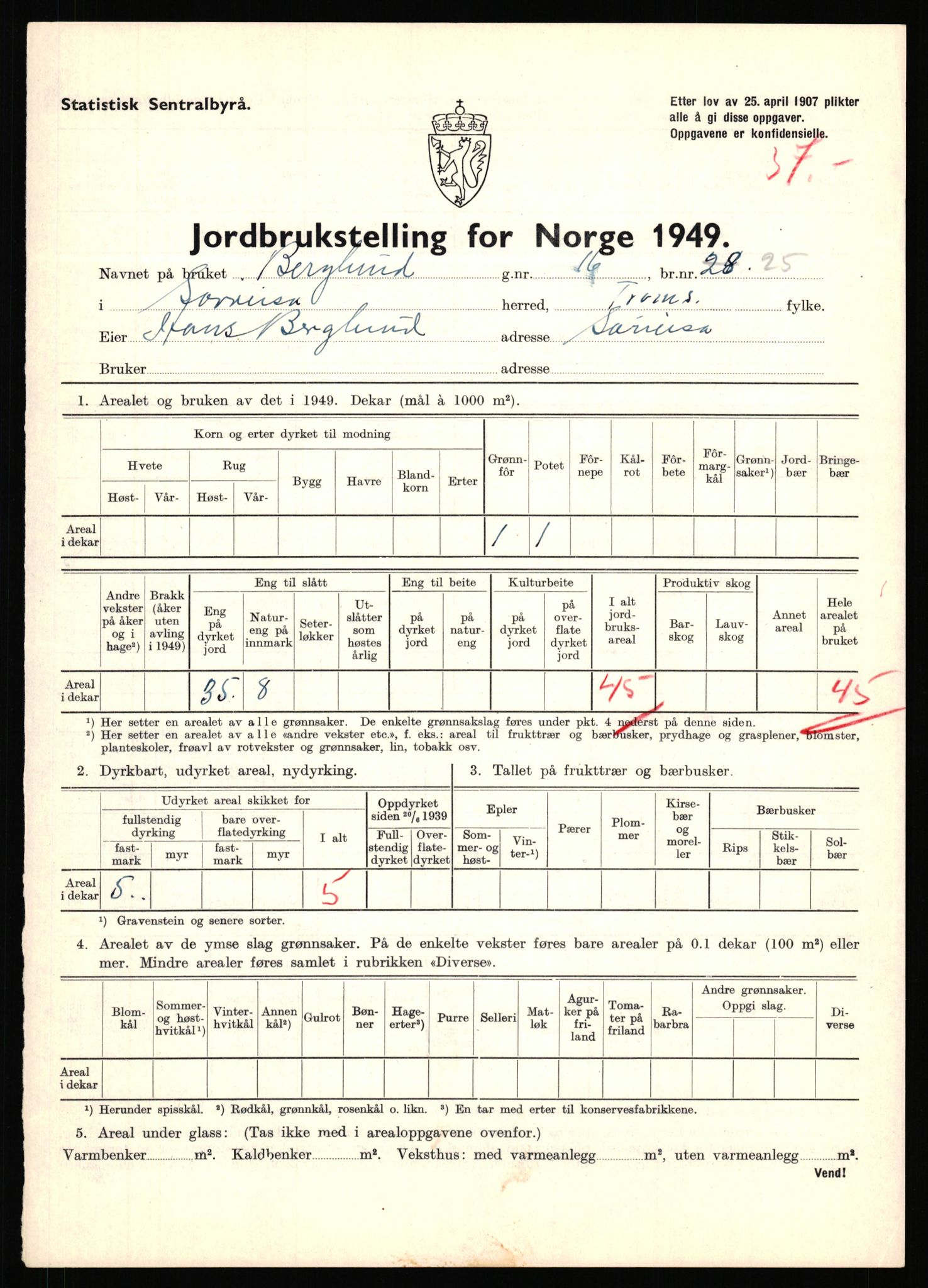 Statistisk sentralbyrå, Næringsøkonomiske emner, Jordbruk, skogbruk, jakt, fiske og fangst, AV/RA-S-2234/G/Gc/L0440: Troms: Sørreisa og Dyrøy, 1949, p. 505