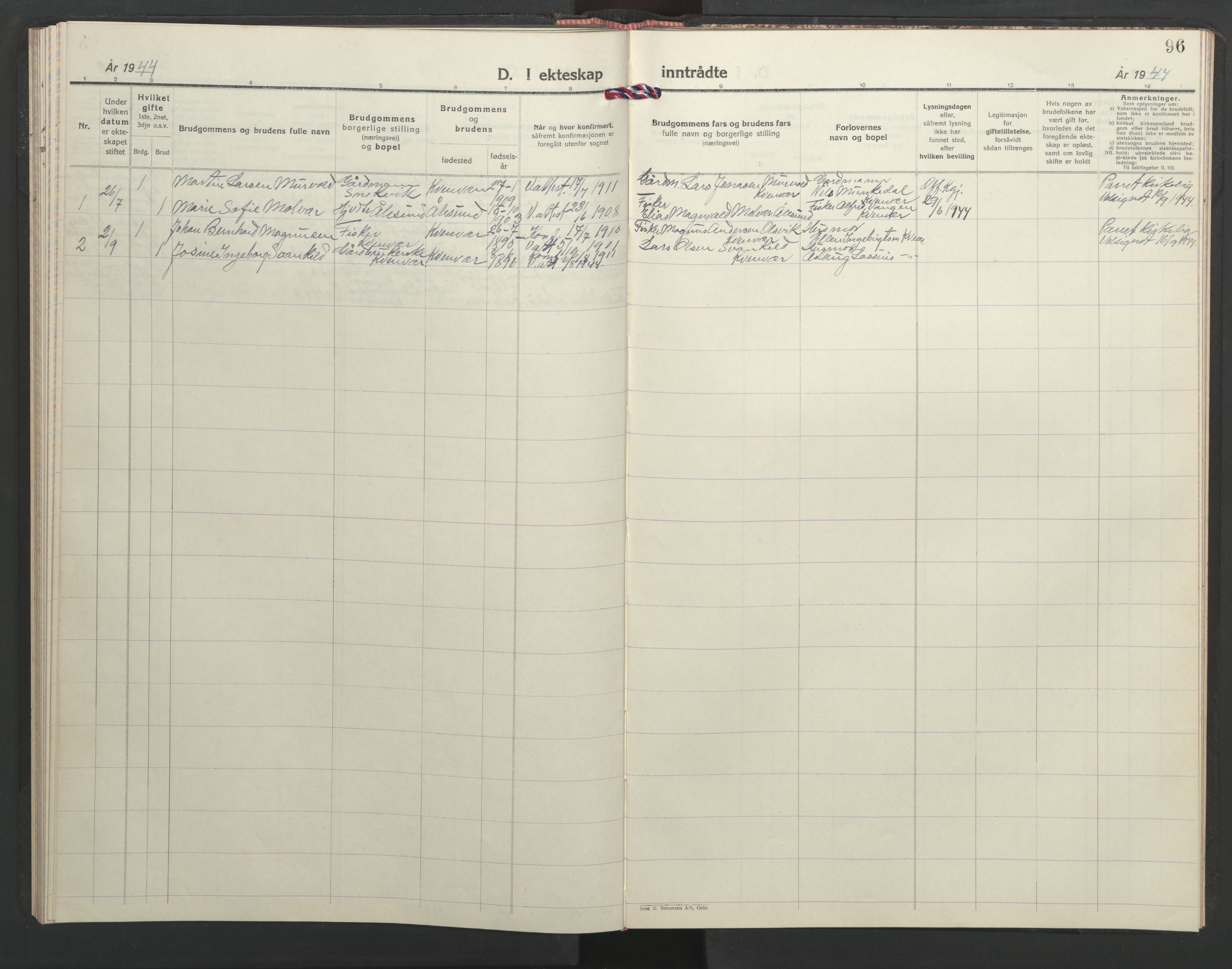 Ministerialprotokoller, klokkerbøker og fødselsregistre - Sør-Trøndelag, SAT/A-1456/635/L0556: Parish register (copy) no. 635C04, 1943-1945, p. 96