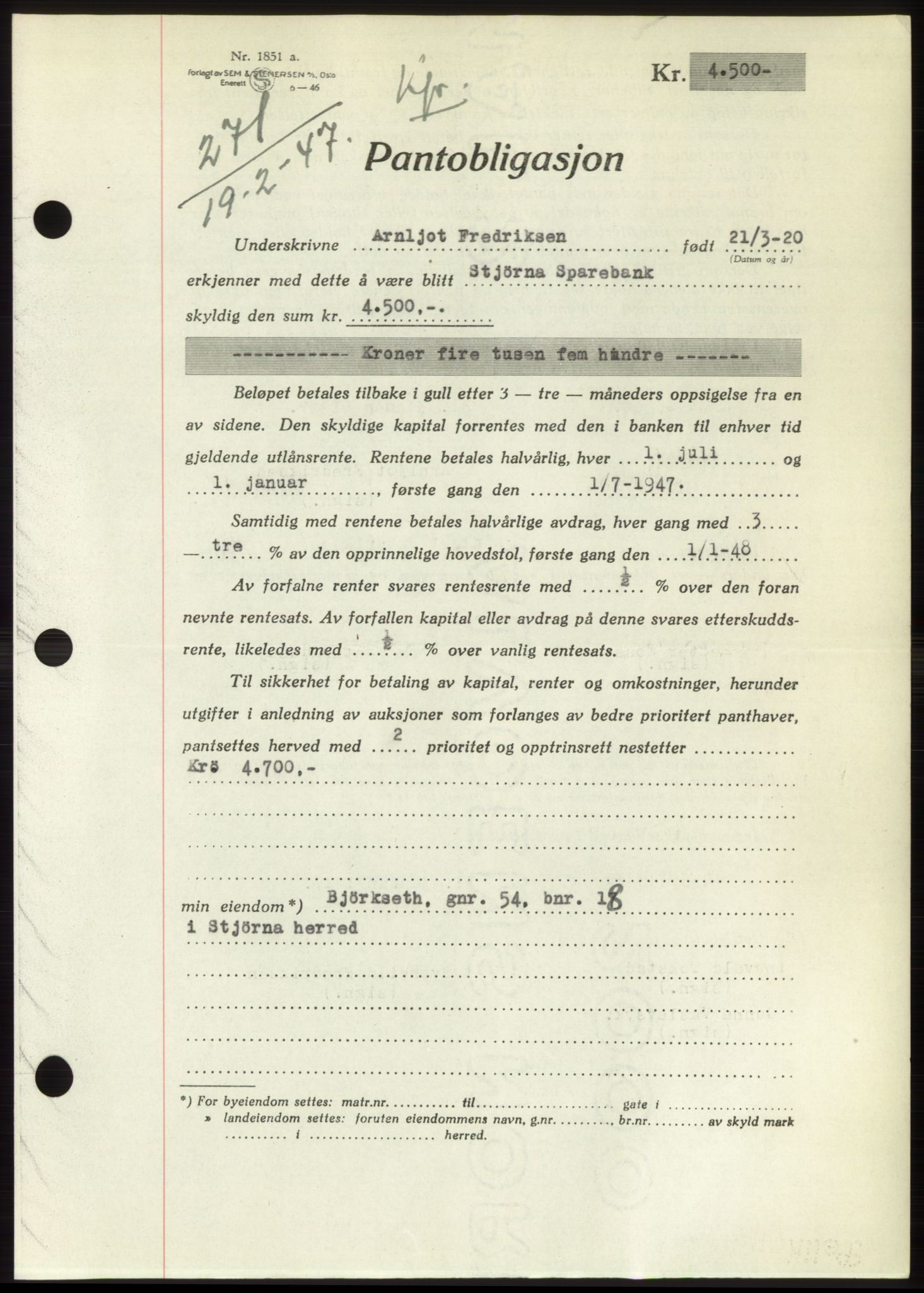 Fosen sorenskriveri, AV/SAT-A-1107/1/2/2C: Mortgage book no. B, 1946-1948, Diary no: : 271/1947
