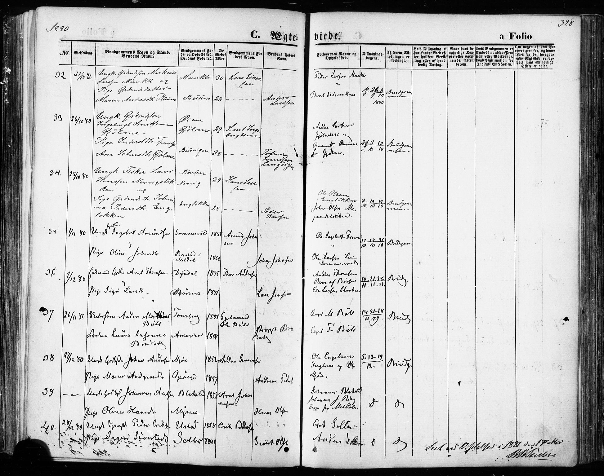 Ministerialprotokoller, klokkerbøker og fødselsregistre - Sør-Trøndelag, SAT/A-1456/668/L0807: Parish register (official) no. 668A07, 1870-1880, p. 328
