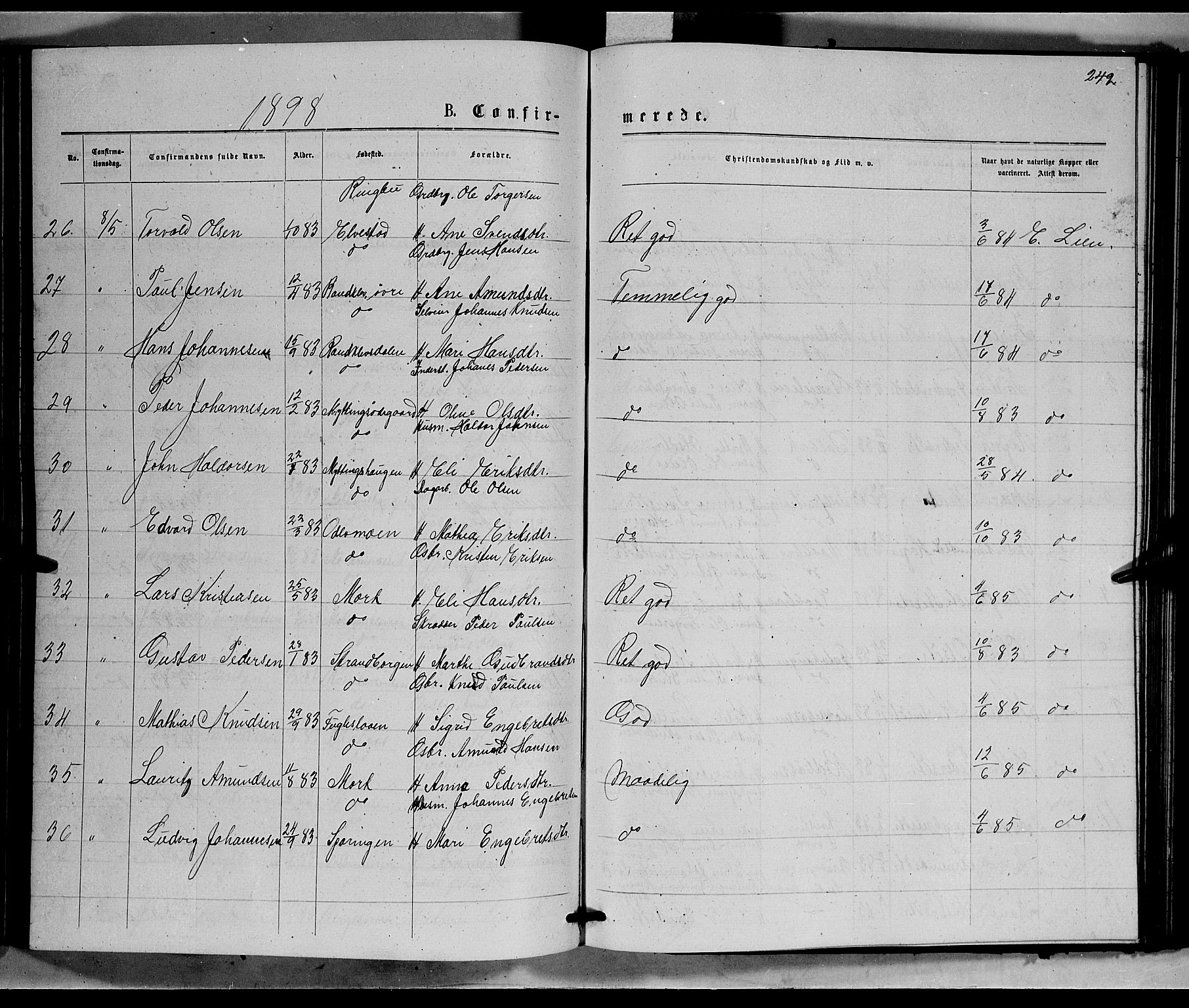 Ringebu prestekontor, SAH/PREST-082/H/Ha/Hab/L0006: Parish register (copy) no. 6, 1880-1898, p. 249