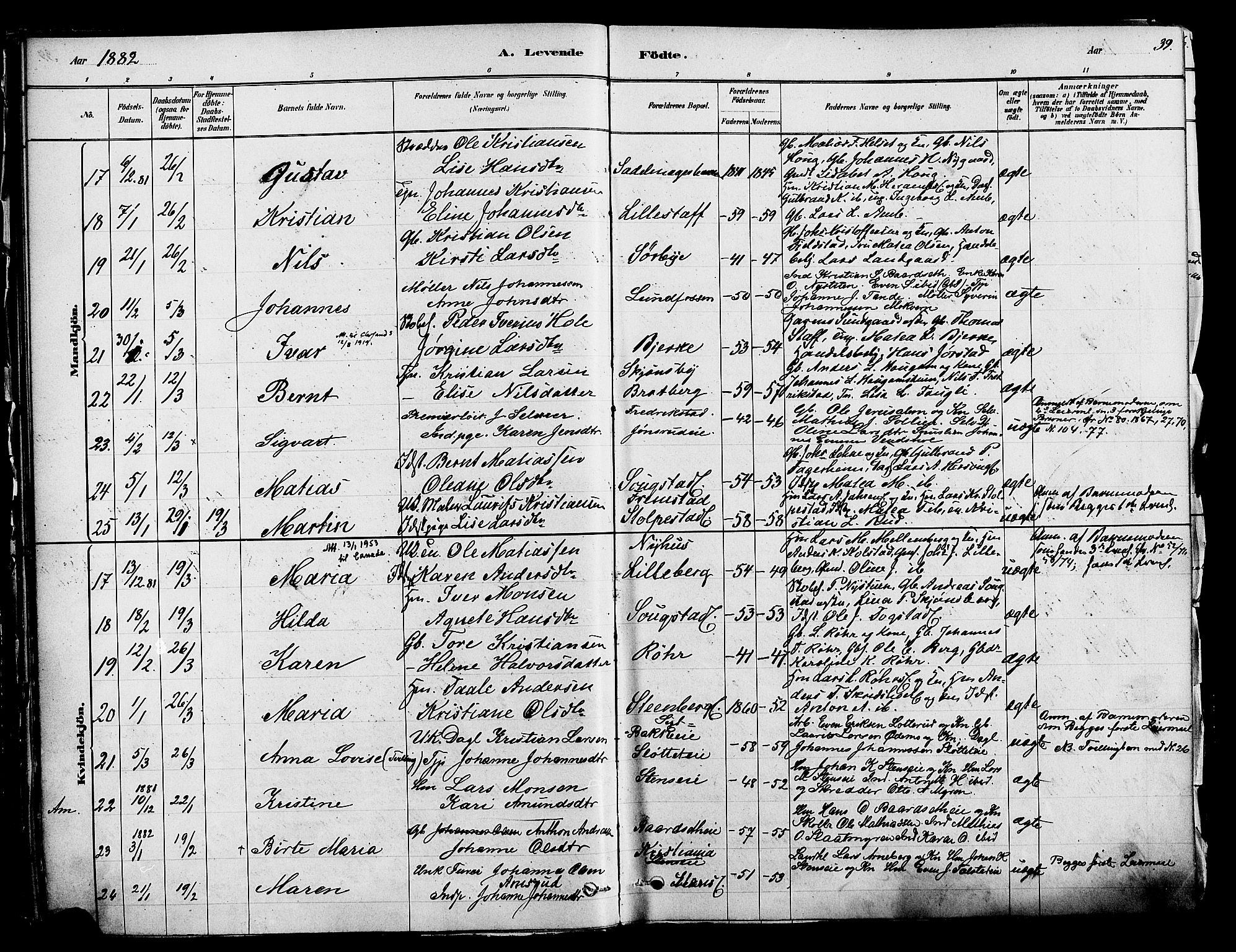 Ringsaker prestekontor, AV/SAH-PREST-014/K/Ka/L0012: Parish register (official) no. 12, 1879-1890, p. 39