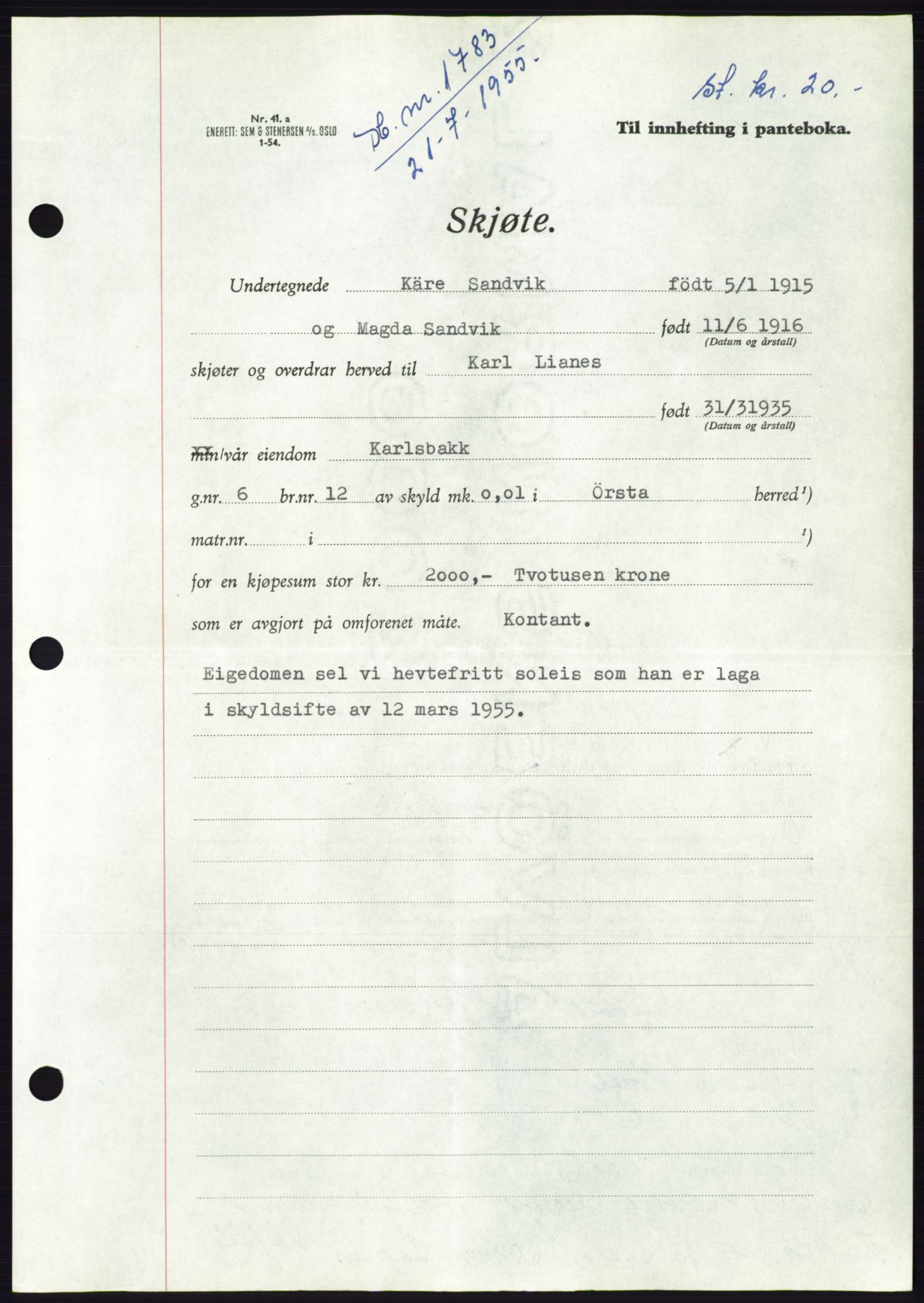 Søre Sunnmøre sorenskriveri, AV/SAT-A-4122/1/2/2C/L0101: Mortgage book no. 27A, 1955-1955, Diary no: : 1783/1955