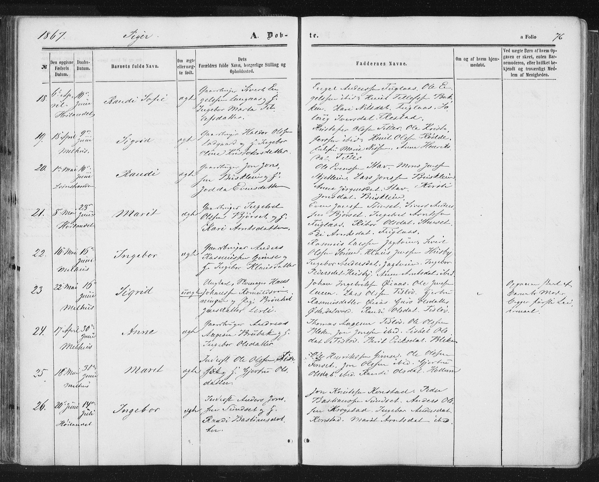 Ministerialprotokoller, klokkerbøker og fødselsregistre - Sør-Trøndelag, SAT/A-1456/691/L1077: Parish register (official) no. 691A09, 1862-1873, p. 76