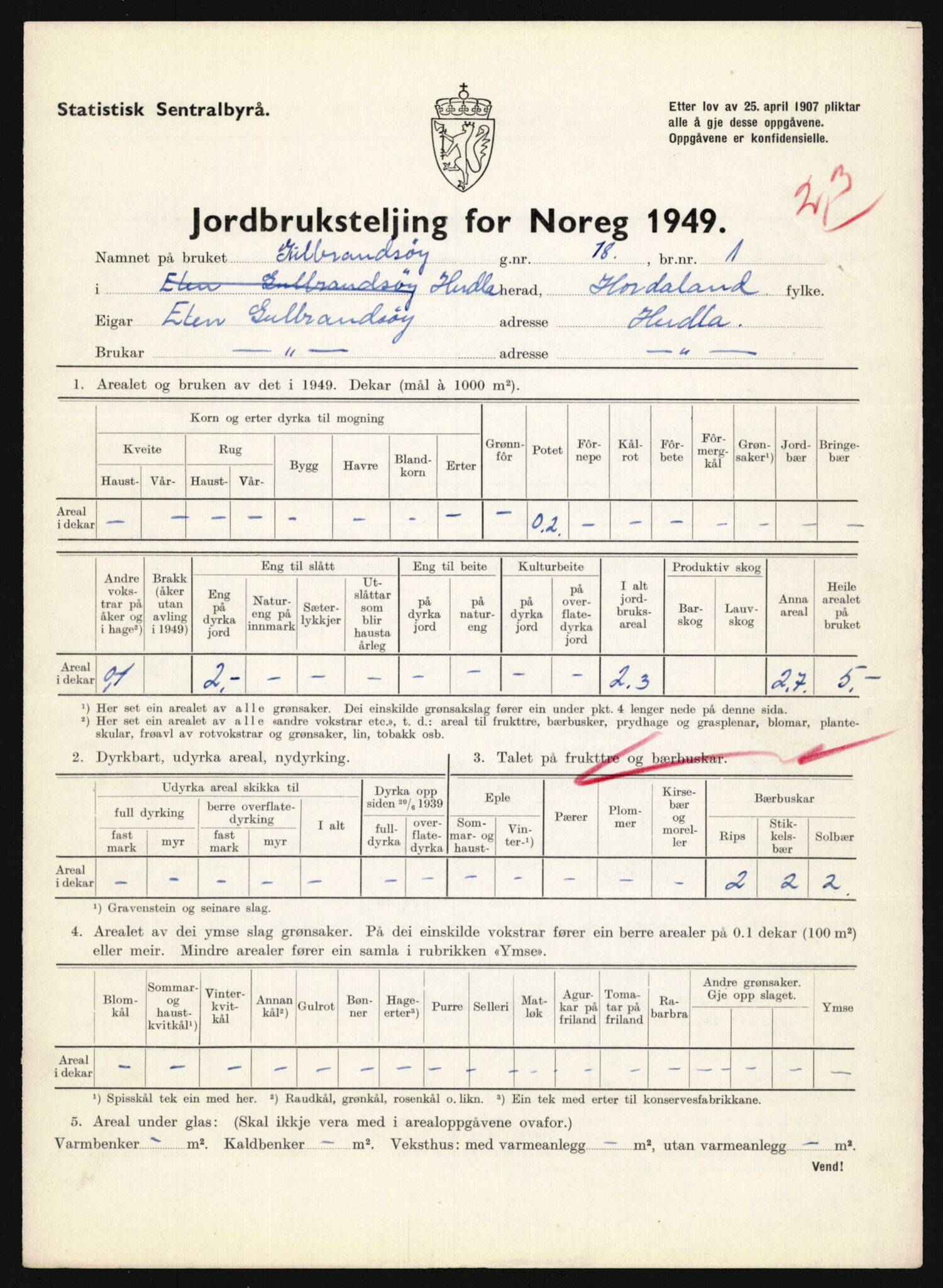 Statistisk sentralbyrå, Næringsøkonomiske emner, Jordbruk, skogbruk, jakt, fiske og fangst, AV/RA-S-2234/G/Gc/L0276: Hordaland: Herdla og Hjelme, 1949, p. 218