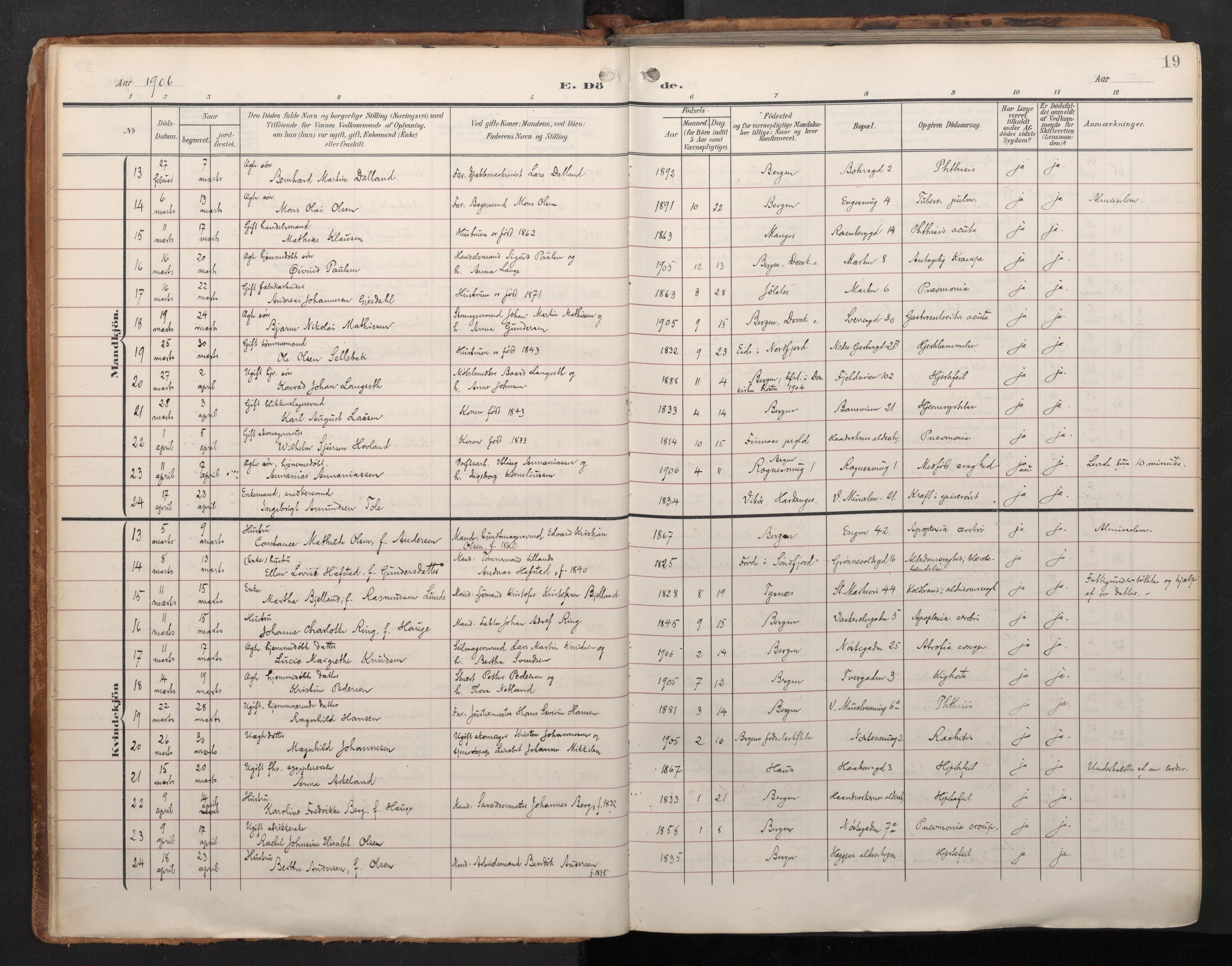 Domkirken sokneprestembete, AV/SAB-A-74801/H/Haa/L0044: Parish register (official) no. E 6, 1904-1946, p. 18b-19a