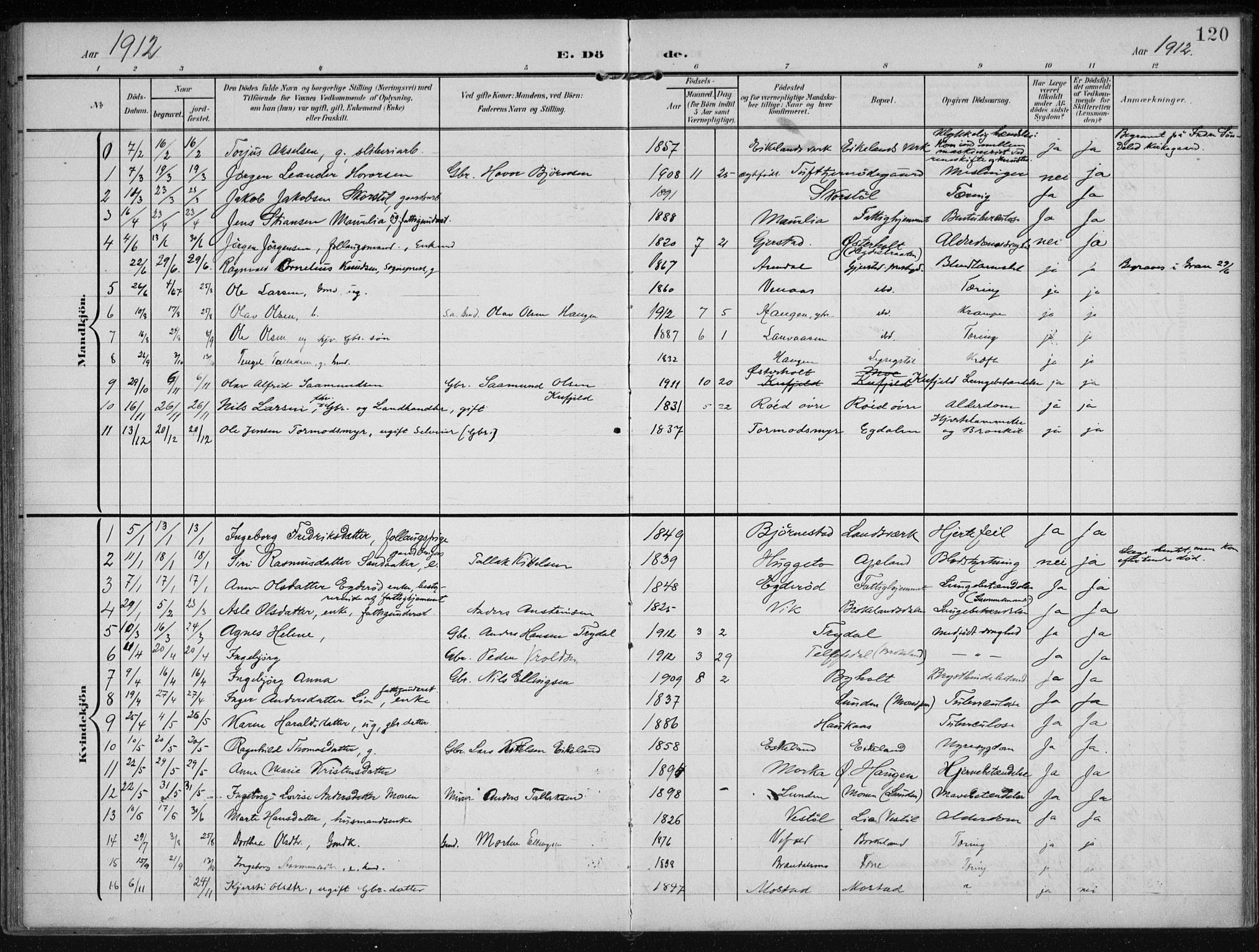 Gjerstad sokneprestkontor, AV/SAK-1111-0014/F/Fa/Faa/L0011: Parish register (official) no. A 11, 1903-1914, p. 120