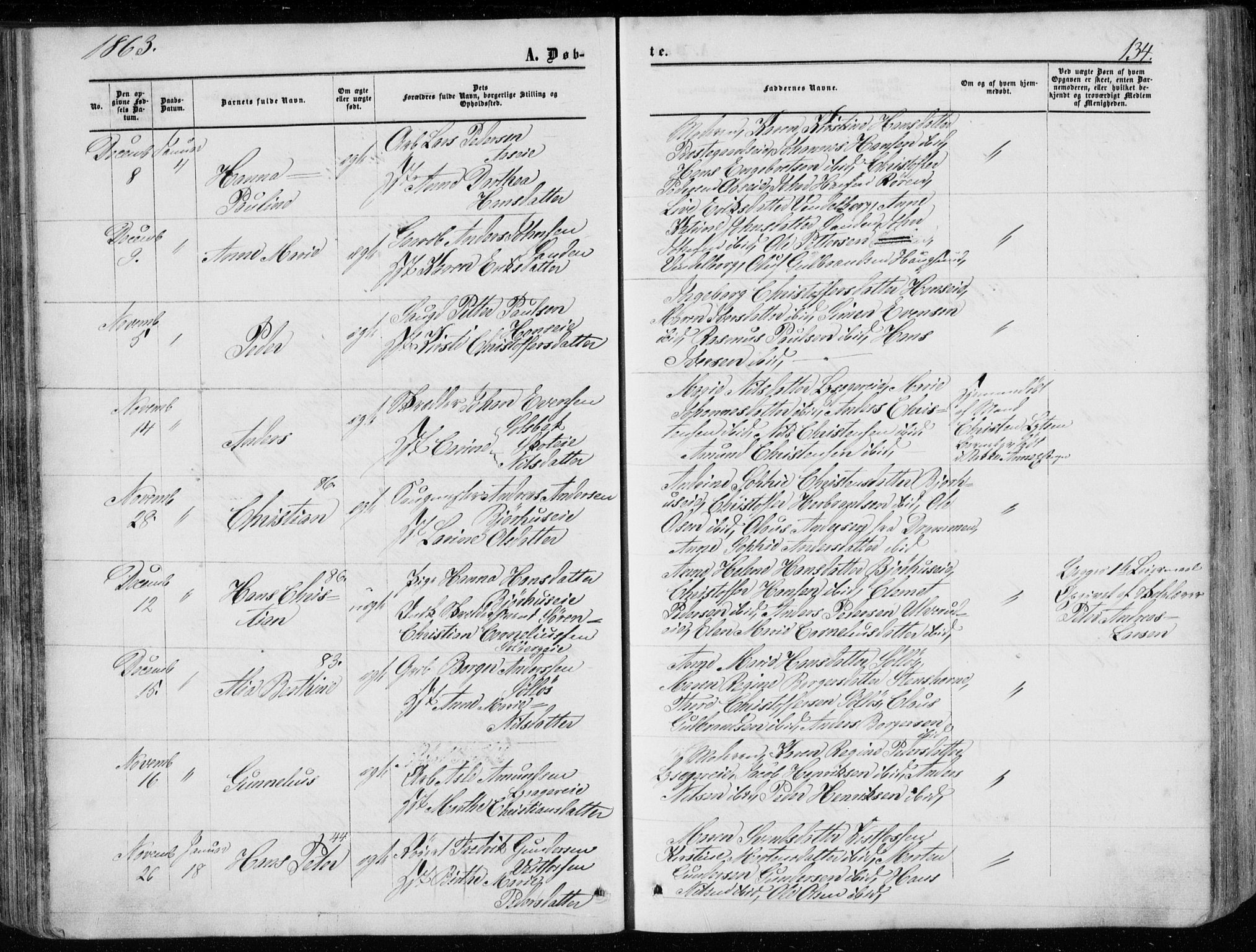 Eiker kirkebøker, AV/SAKO-A-4/G/Ga/L0003: Parish register (copy) no. I 3, 1856-1871, p. 134