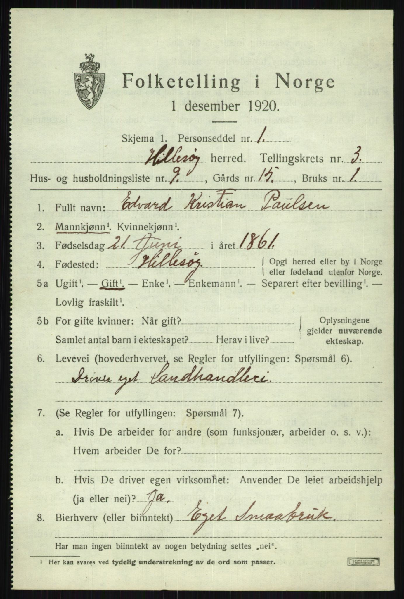 SATØ, 1920 census for Hillesøy, 1920, p. 1759