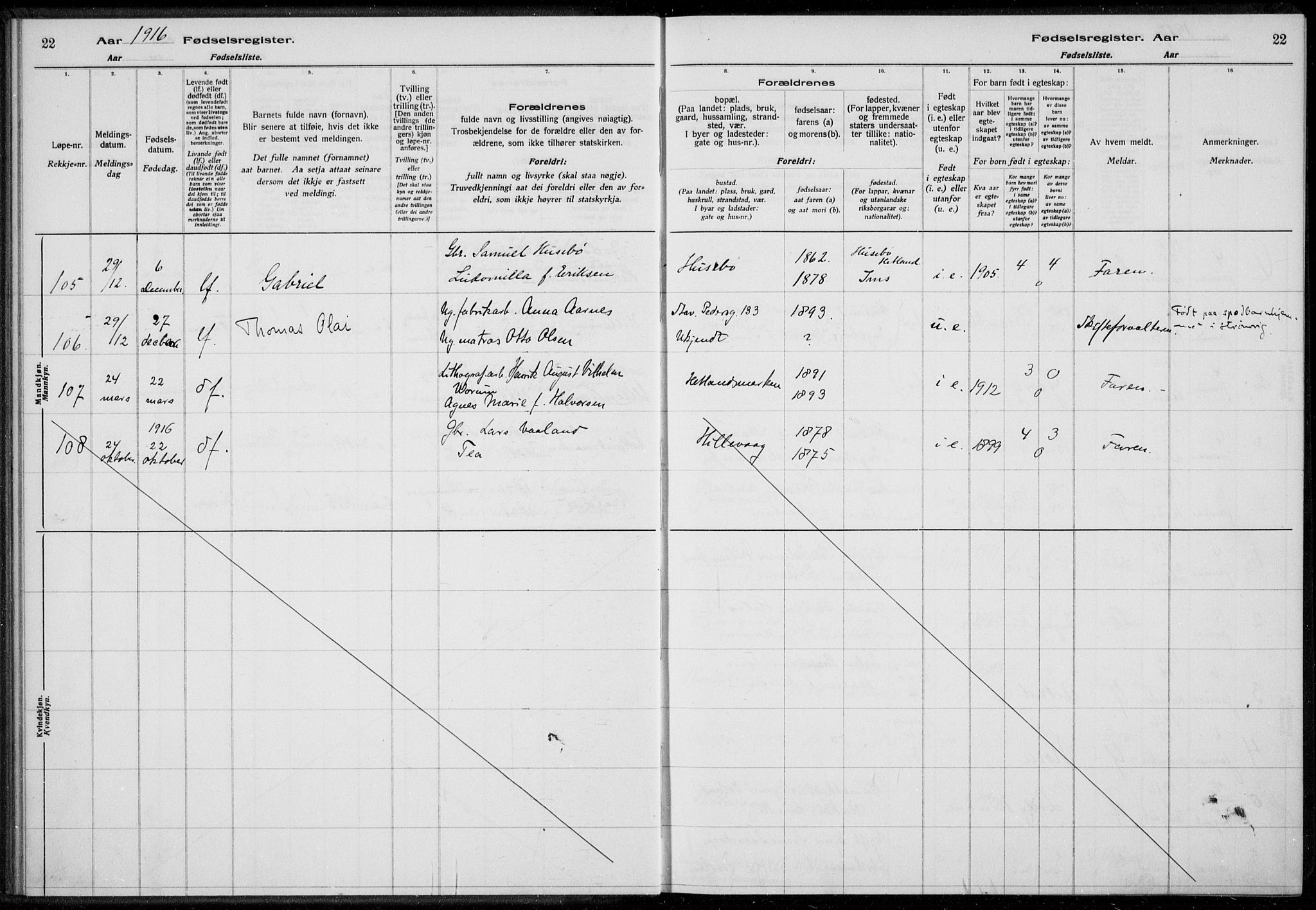 Hetland sokneprestkontor, SAST/A-101826/70/704BA/L0003: Birth register no. 1, 1916-1923, p. 22