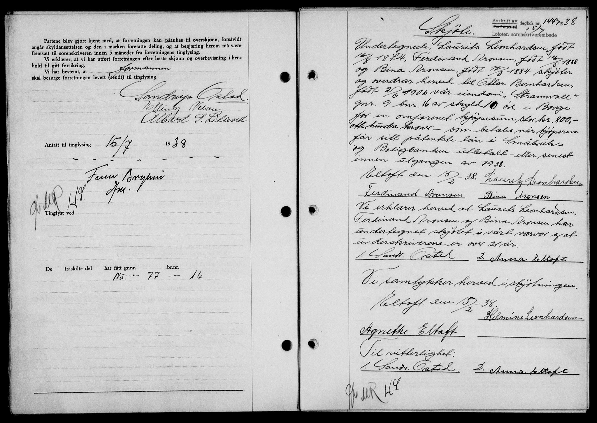 Lofoten sorenskriveri, SAT/A-0017/1/2/2C/L0004a: Mortgage book no. 4a, 1938-1938, Diary no: : 1447/1938