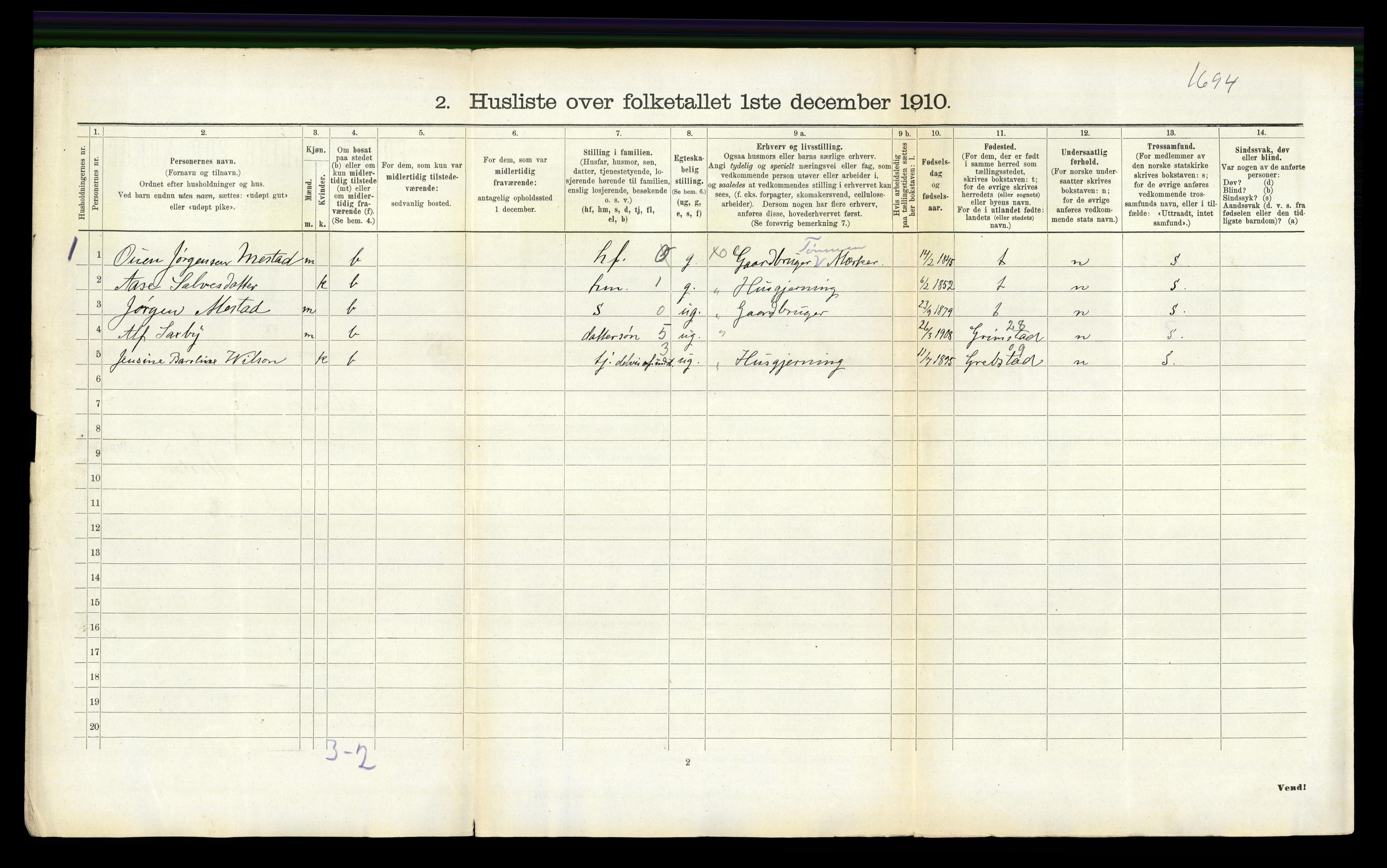 RA, 1910 census for Oddernes, 1910, p. 686