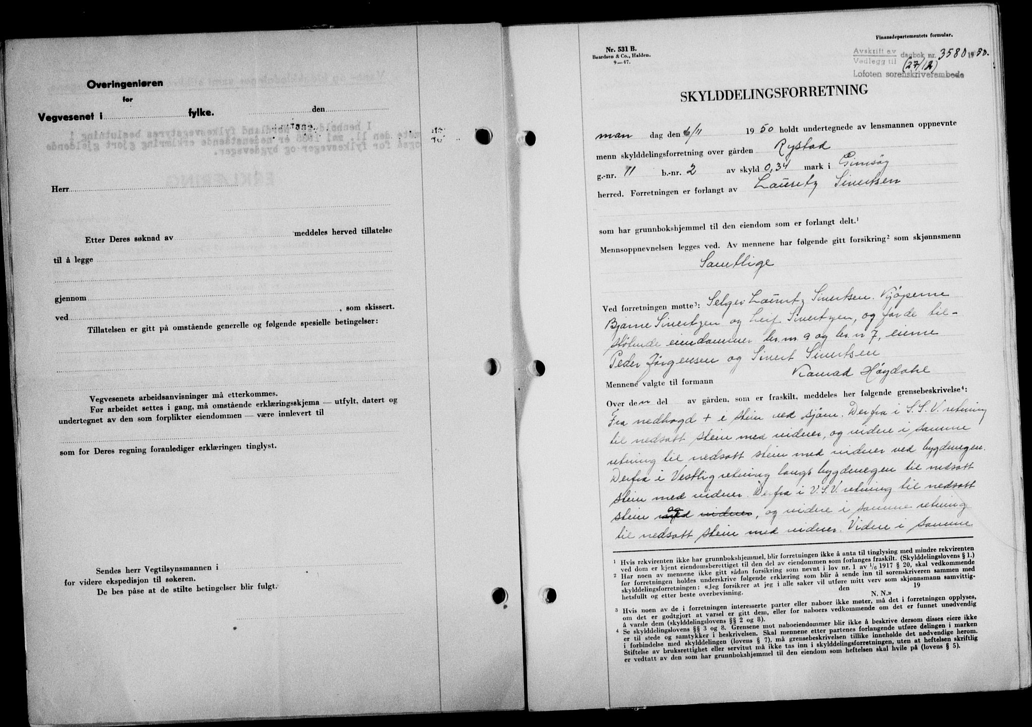 Lofoten sorenskriveri, SAT/A-0017/1/2/2C/L0025a: Mortgage book no. 25a, 1950-1951, Diary no: : 3580/1950